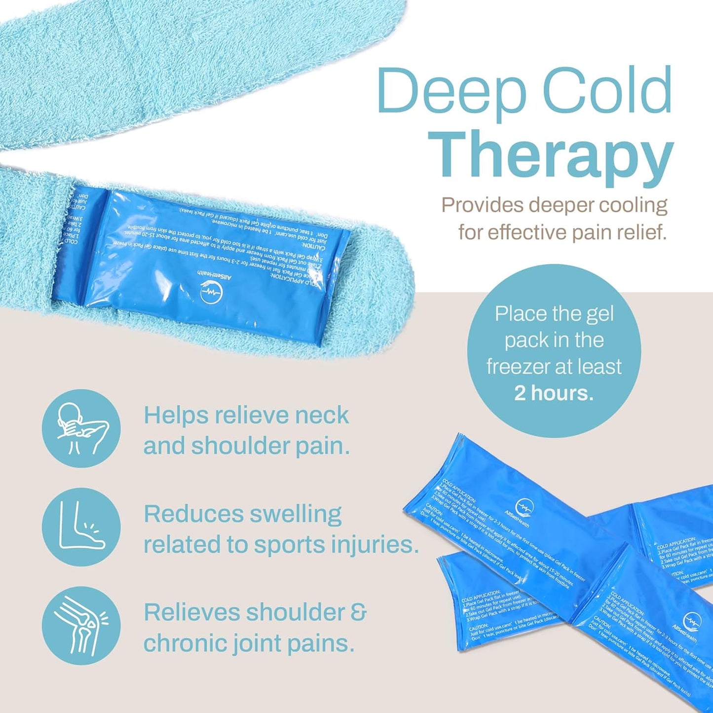 Cooling Towel with Soft Gel Ice Pack Inserts | Included 2 Gel Ice Packs Reusable - Multi Purpose Compression Wrap - Neck, Legs, Arms, Shoulders - Ideal for Post Surgery, Migraines, Hiking and Injuries