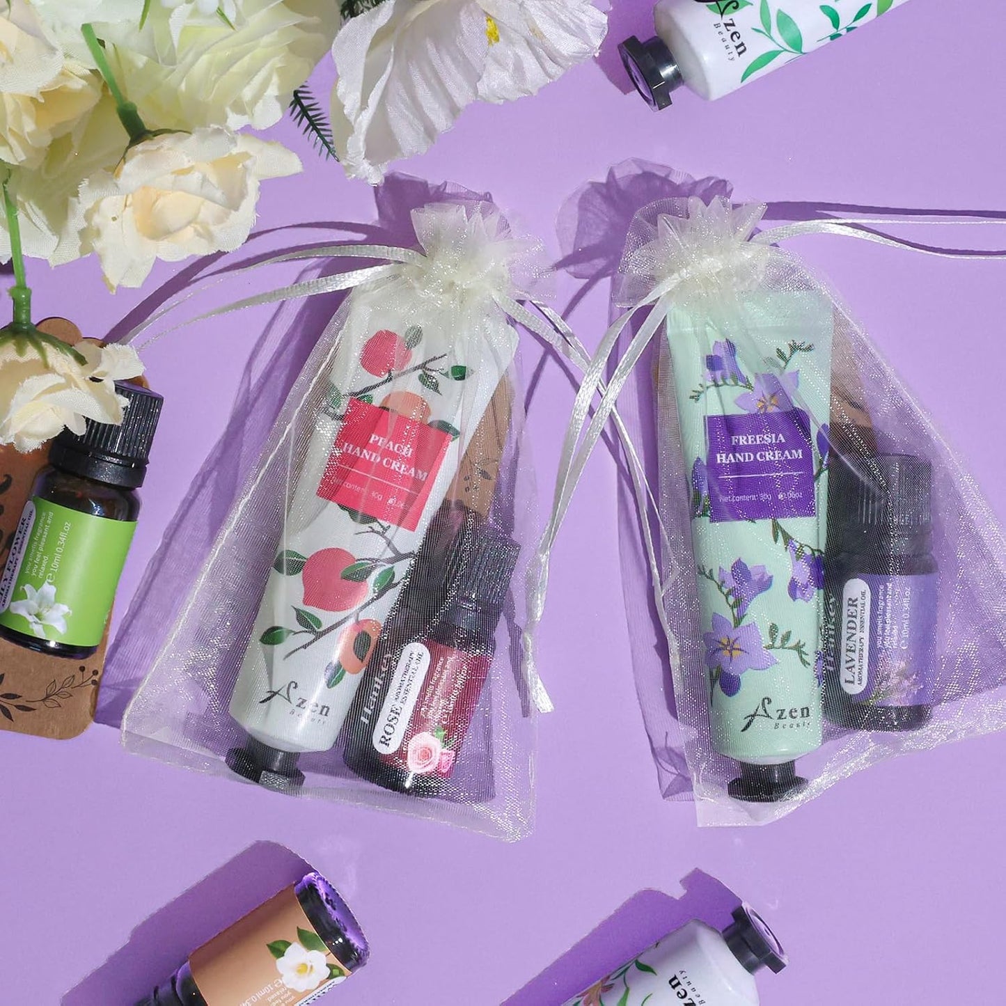 AZEN 30 Sets Bulk Gifts, Hand Cream and Essential Oils Bulk Set with Organza Bag Thank You Card, Baby Shower Wedding Gifts for Guests, Bridal Wedding Favors for Guests,Thank You Gifts for Women