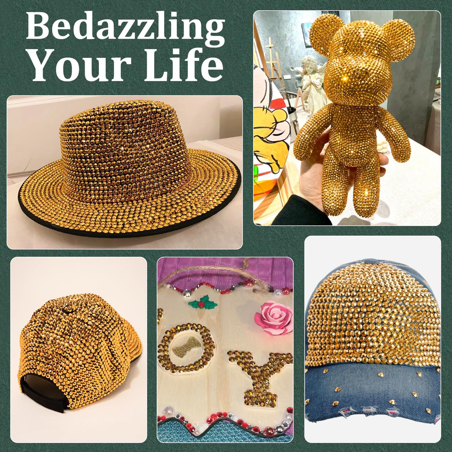 Resin Rhinestones for Crafting with B7000 Jewelry Glue, 1 Box Gold Flatback Crystals with 3Pcs 10ml Glue for Bedazzling Crafts DIY Nail Art Makeup，Non Hotfix Gems for Clothing Shoes