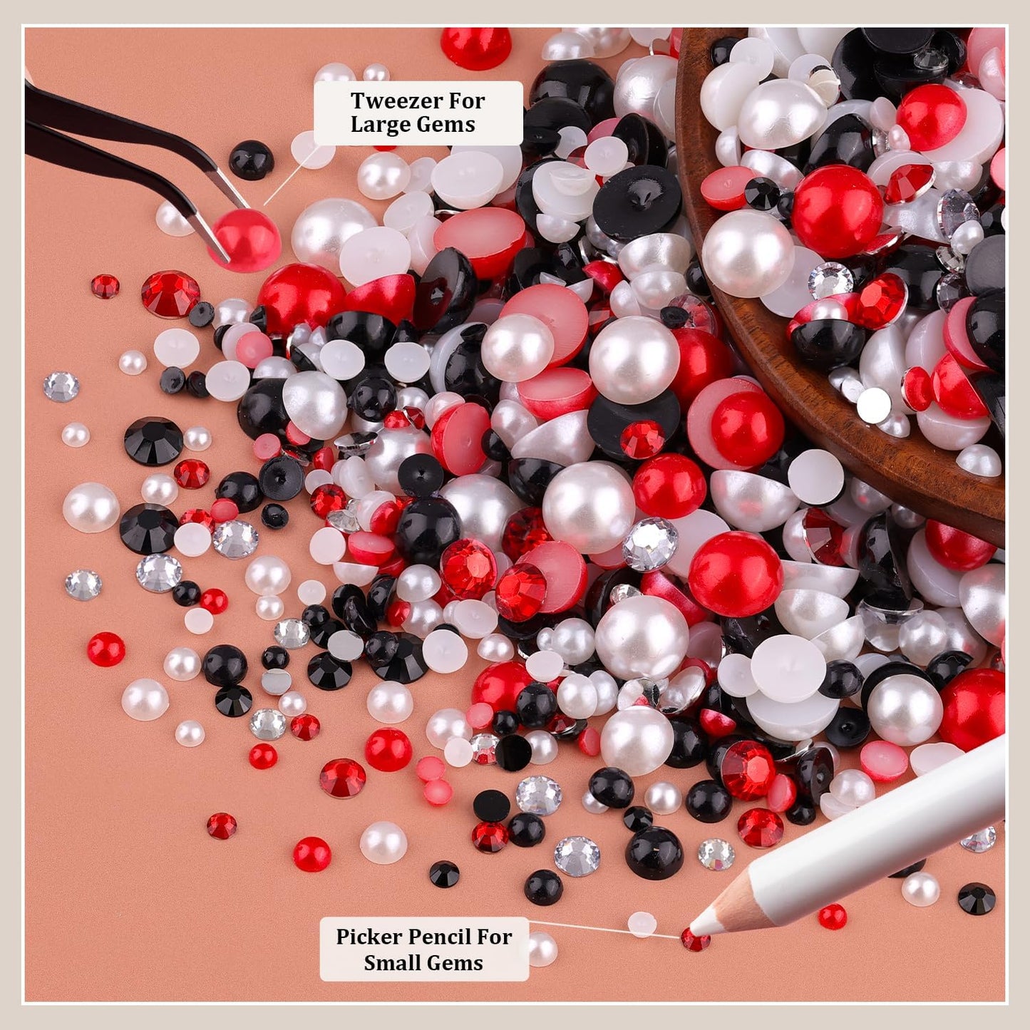 80g Flatback Pearls and Rhinestones for Crafting, Red White Black 3-10mm Resin Rhinestones and Half Pearls for Bedazzling, Nail Art and Dec with 3pcs 10ml B7000 Jewelry Glue, Tweezer and Pickup Pencil