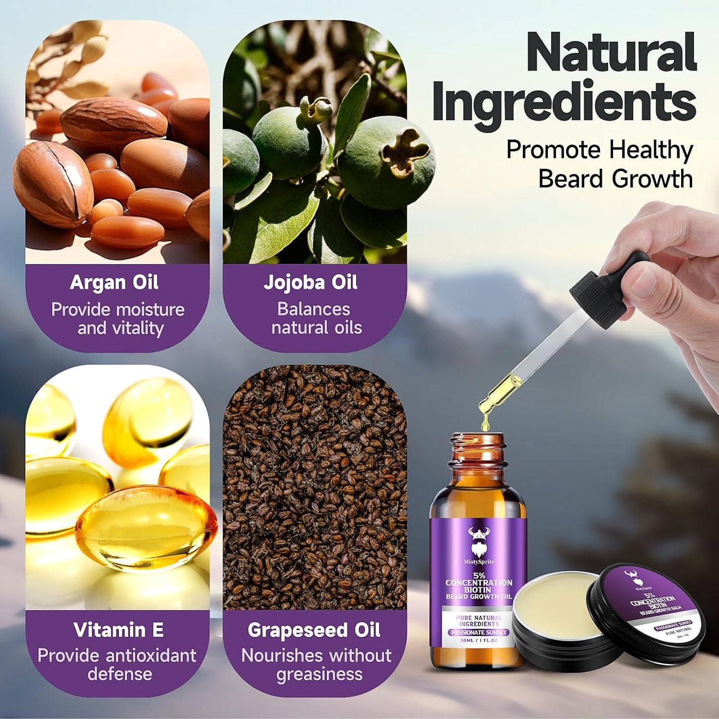 Beard Growth Kit - 5% Concentration Biotin Beard Oil for Men (2 oz) - Natural Mens Beard Oil with Argan Oil, Jojoba Oil and Vitamin, Beard Growth Softener, Moisturizer (Passionate Sunset)