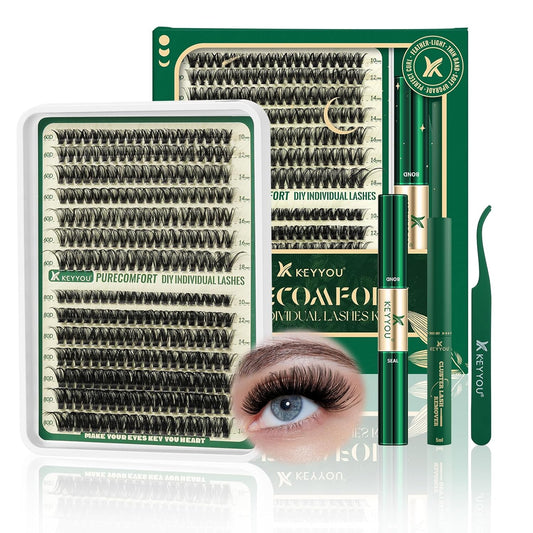 KEYYOU DIY Lash Extension Kit 280pcs Soft Lash Clusters 60D+80D C Curl Easy to use with Lash Bond and Seal Lash Applicator Lash Remover Eyelash Extension Kit at Home(RMkit-60D80D-C-10-18mix)