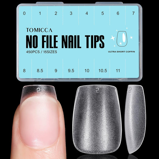 TOMICCA Extra Short Coffin Nail Tips, 450Pcs Full Cover Gel Nail Tips for Extension Manicure, 15 Sizes Acrylic Pre-shaped Double-sided Matte Fake Nails with Box