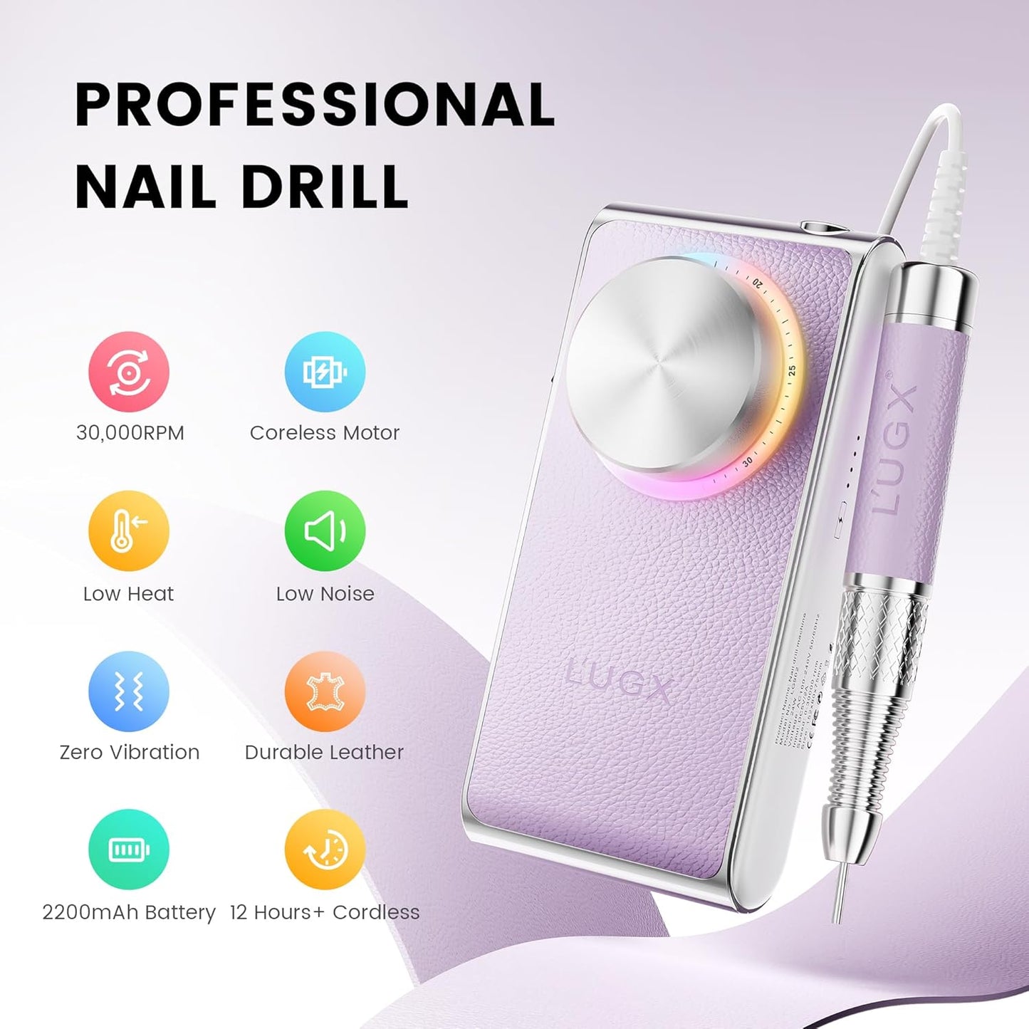 L'UGX Professional Nail Drill 30000RPM, Cordless Rechargeable Electric Nail File for Acrylic Nails Gel Polishing, Efile Nail Kit for Manicure Pedicure, Low Noise Low Vibration, 7Pcs Drill Bits, Purple