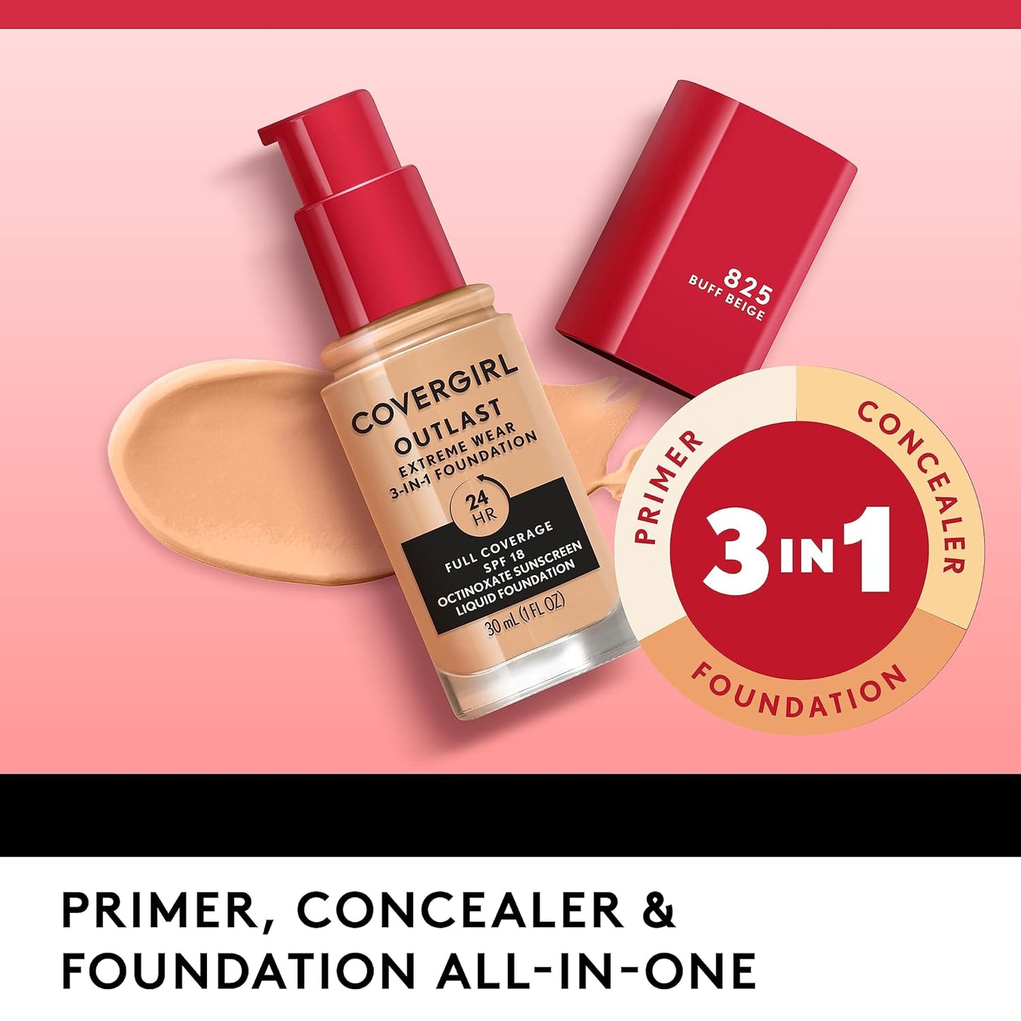 Covergirl Outlast Extreme Wear 3-in-1 Full Coverage Liquid Foundation, SPF 18 Sunscreen, Fair Ivory, 1 Fl. Oz.