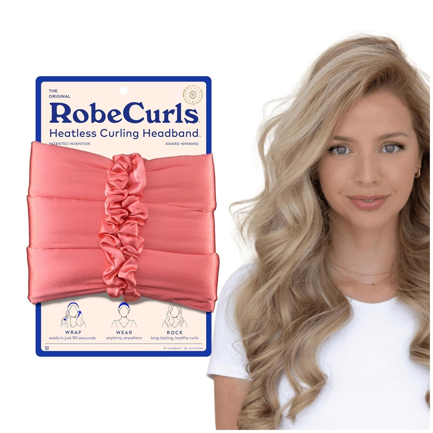 RobeCurls Heatless Curler Set - Satin Curling Headband for Natural, No-Heat Overnight Curls - Sleep-in Styling Tool with 2 Scrunchies for Women (Guava)