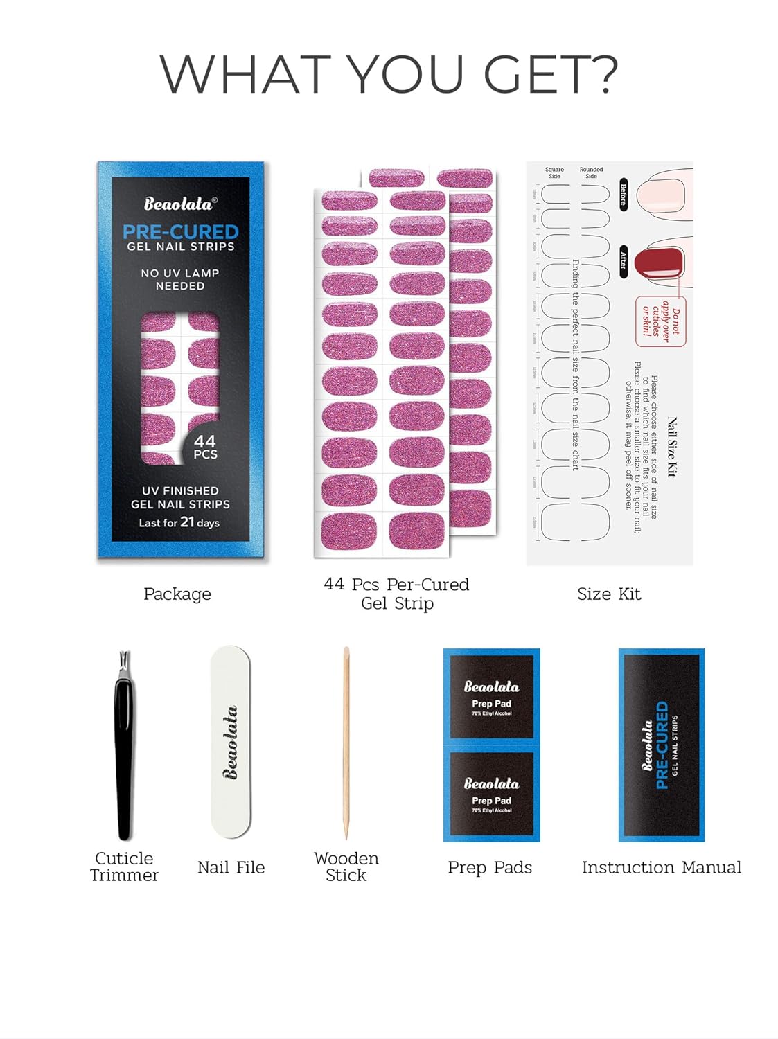 Pre Cured Gel Nail Strips - 44PCS Salon Quality Gel Nail Stickers - Long Lasting Polish Wraps for Women no UV Light Needed Easy Apply& Remove (Neon Pink)