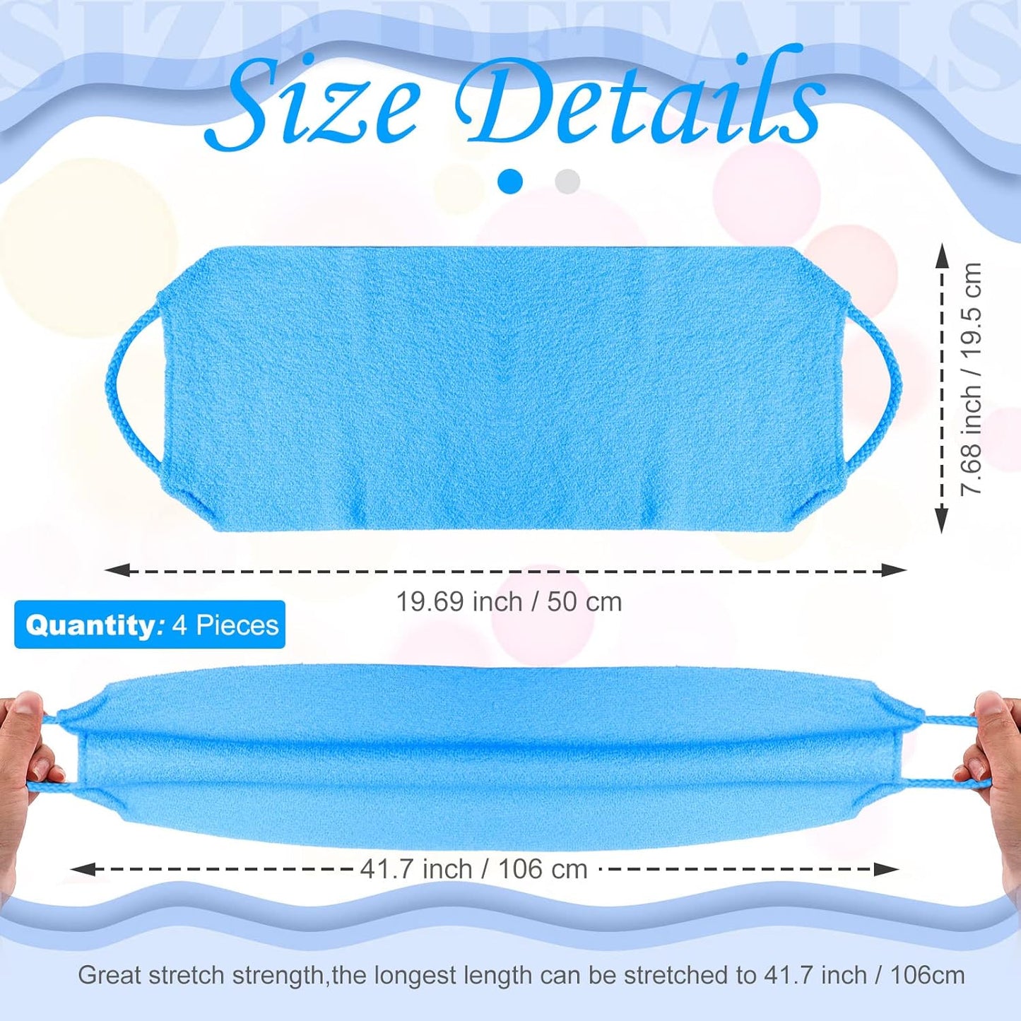Moukeren Exfoliating Back Scrubber with Handles 4 Pack Nylon Back Exfoliator Extended Length Washers Scrubbers Stretchable Pull Strap Exfoliating Washcloth(Gray, Deep Blue)