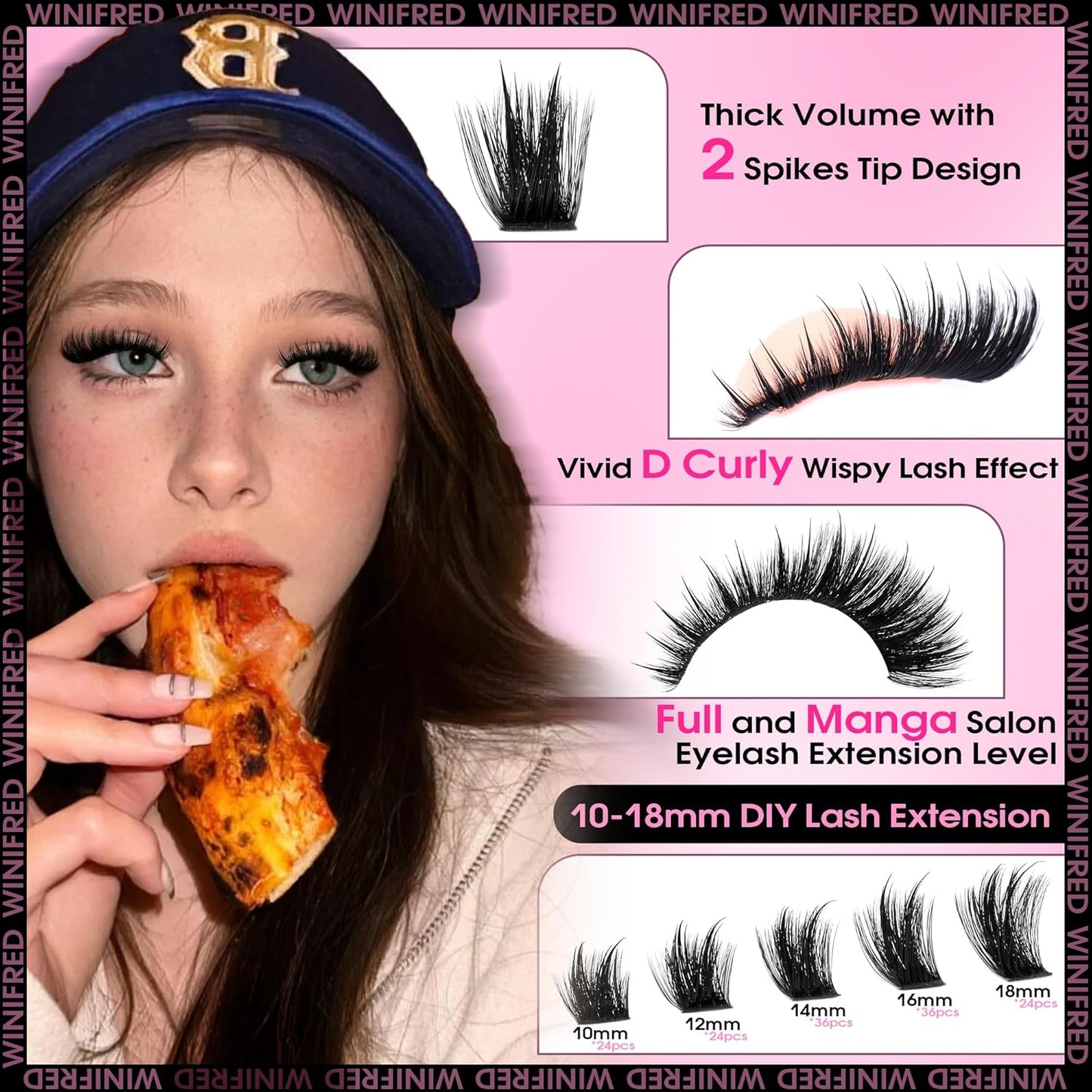 Winifred Lash Clusters Kit Fluffy Lash Extension Kit Fairy Wispy Eyelash Clusters Thick Volume Cluster Eyelash Extensions 10-18mm Lash Clusters with Spikes Lash Kit with Lash Bond and Seal