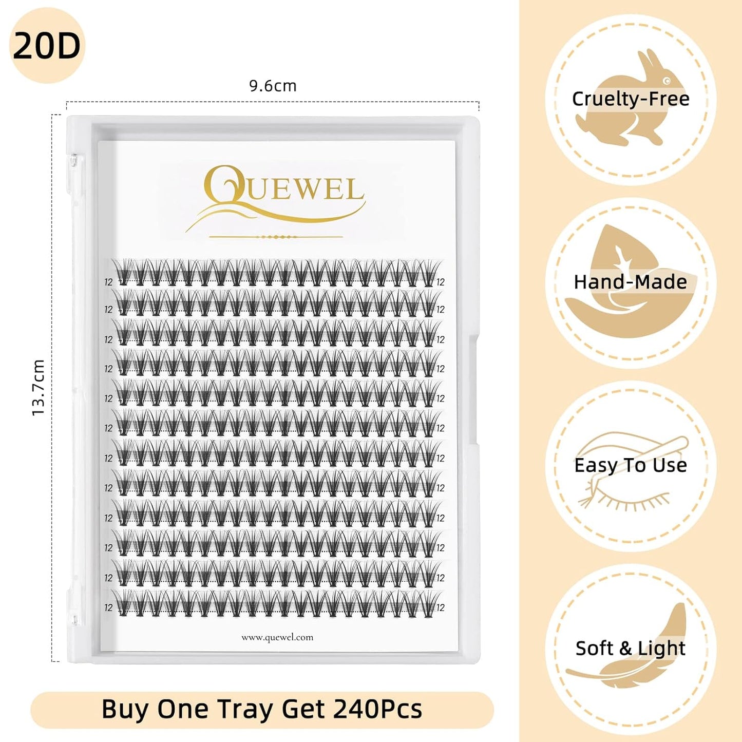 QUEWEL Cluster Lashes 240Pcs Individual Lashes 20D 0.07C Curl 12mm Knot-Free Lash Extensions Clusters Lashes Soft&Natural False Eyelashes Individual DIY Eyelash Extension at Home(20D 0.07C 12)