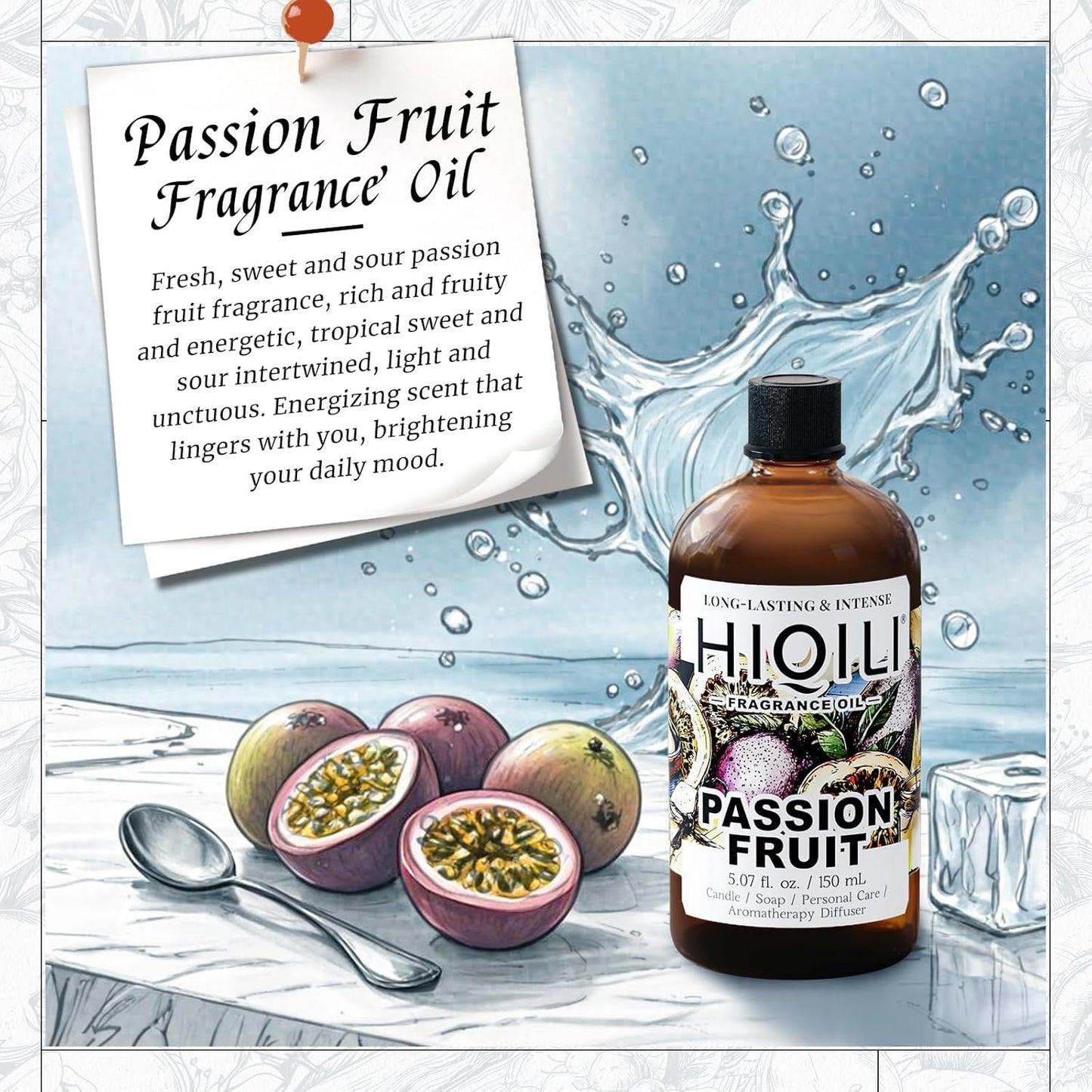 HIQILI Passion Fruit Fragrance Oil for Home Diffuser, Oil Burner, Great for Soap, Candle & Perfume Making, Add to Body Lotion - 5.07 Fl Oz