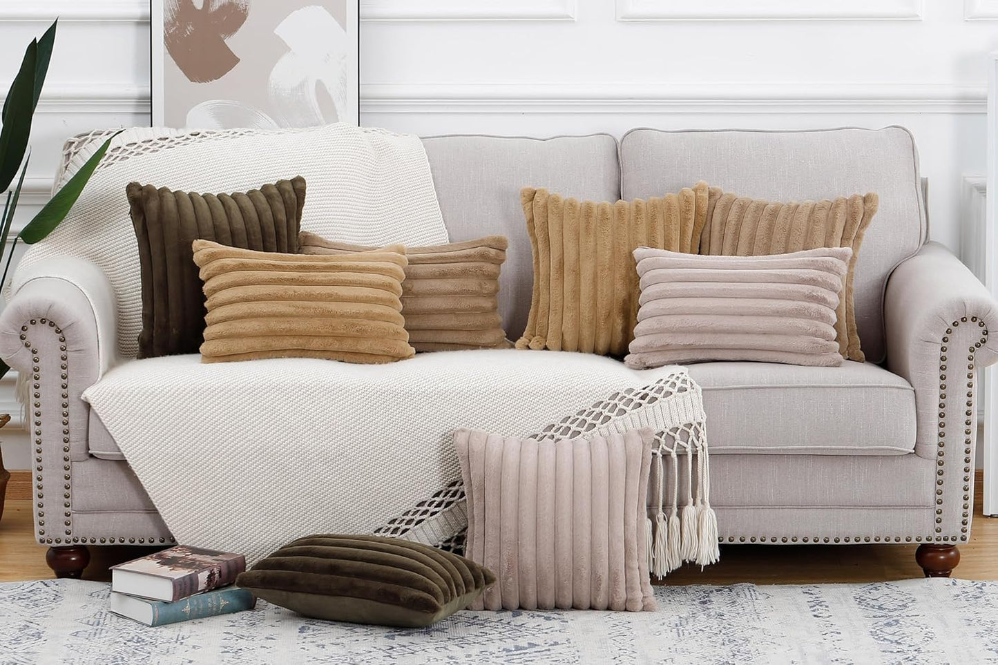 MADIZZ Set of 2 Faux Wool Plush Decorative Throw Pillow Covers 24x24 Inch Taupe Fluffy Striped Soft Decorative Cushion Cover for Sofa Bedroom Pillow Shell