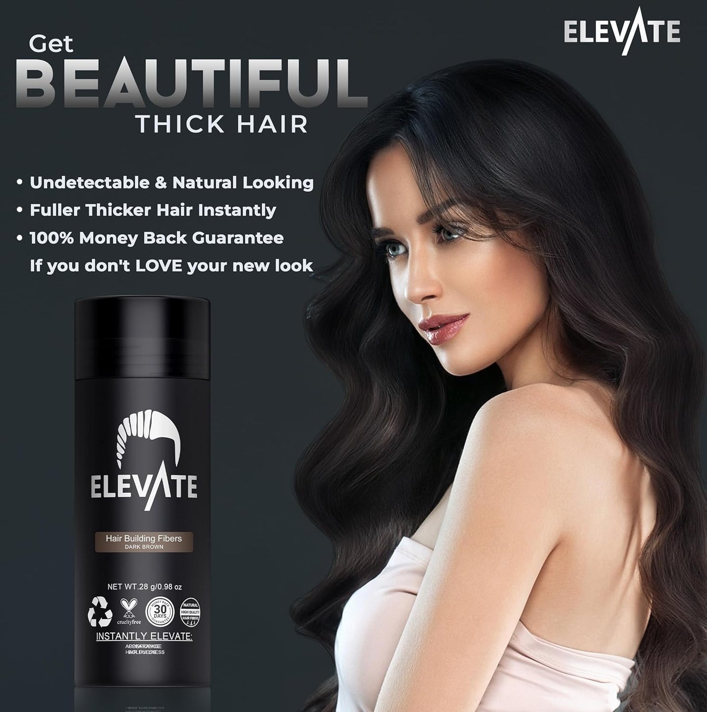 ELEVATE Hair Fibers to Instantly Thicken & Completely Conceal Thinning Balding Areas Loss in 30 Seconds for Men & Women (DARK BROWN) 28g Size - 100% Natural & Undetectable Keratin Fibers
