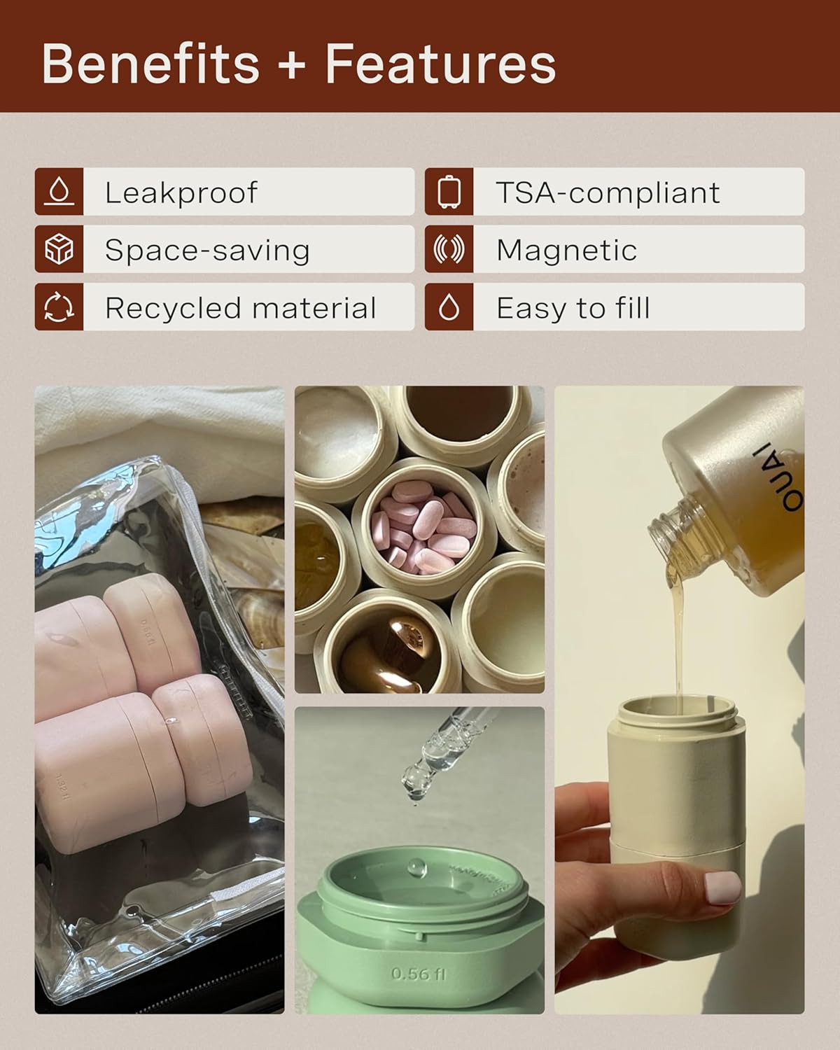 Cadence Travel Containers - Full Skincare Set - Magnetic Containers with Lids,Carry On Travel Essentials For Women/Men - 2 Small (0.56oz), 4 Medium Capsules (1.32oz), & Extender (1.43oz) - Sand