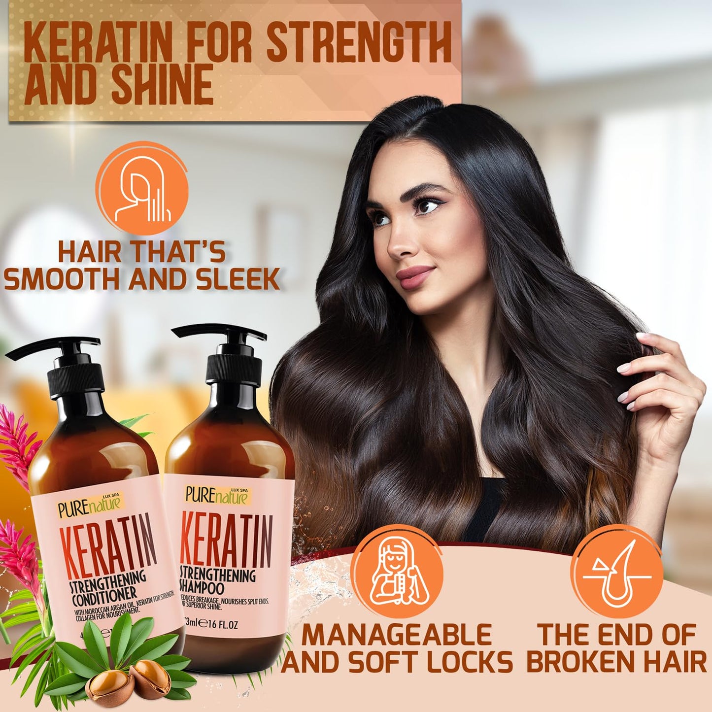 Keratin Shampoo and Conditioner Set - Sulfate and Paraben Free Treatment for Dry Hair - Anti Frizz, Collagen Enriched Formula for Curly or Damaged Hair - Safe for Men and Women with Color Treated Hair