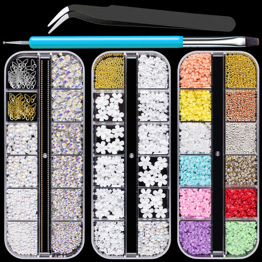 Mixed 3D Nail Art Gem Decoration Accessories Kit #3, Butterfly Starry AB Rhinestone Charm Jewelry for Deco, Pearl Flower Caviar Bead Stone Crystal with Dual-End Brush and Tweezer