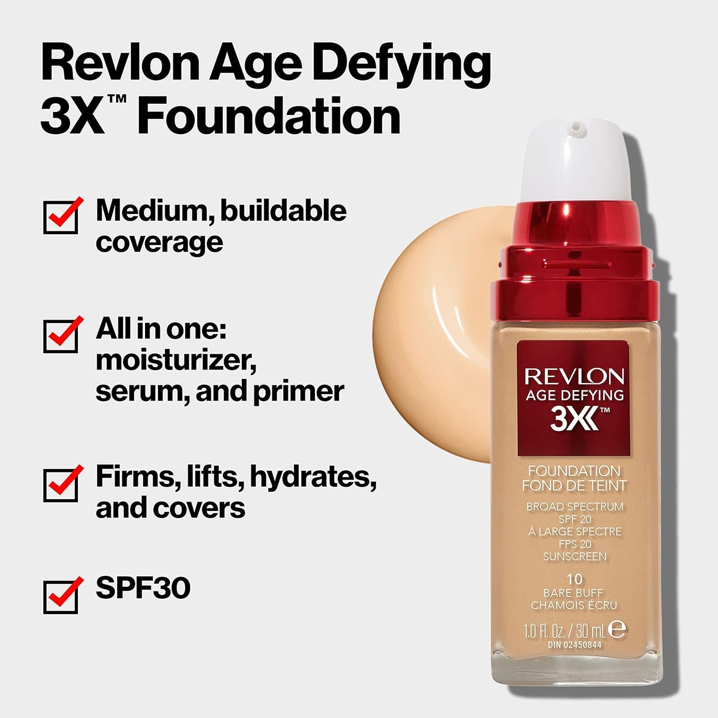 Revlon Age Defying 3X Makeup Foundation, Firming, Lifting and Anti-Aging Medium, Buildable Coverage with Natural Finish SPF 20, 065 True Beige, 1 fl oz