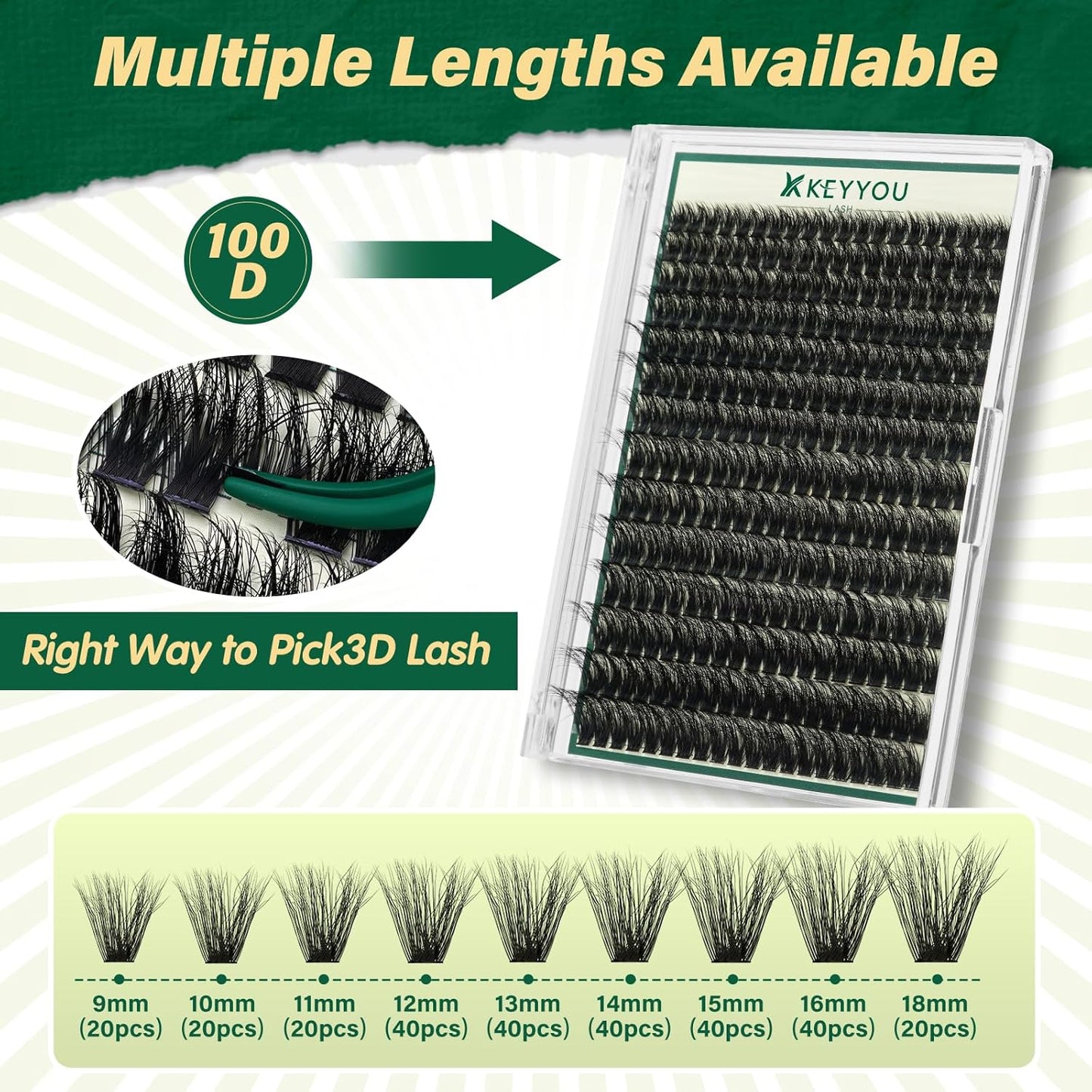 Clusters Kit 3D Effect Eyelash Clusters Kit 280pcs 100D D Curl 9-18MIX Individual Lashes Wispy Lashes Volume Cluster Lashes Kit Natural Soft DIY Lash Extension(3D Kit-100D-D-9-18MIX)