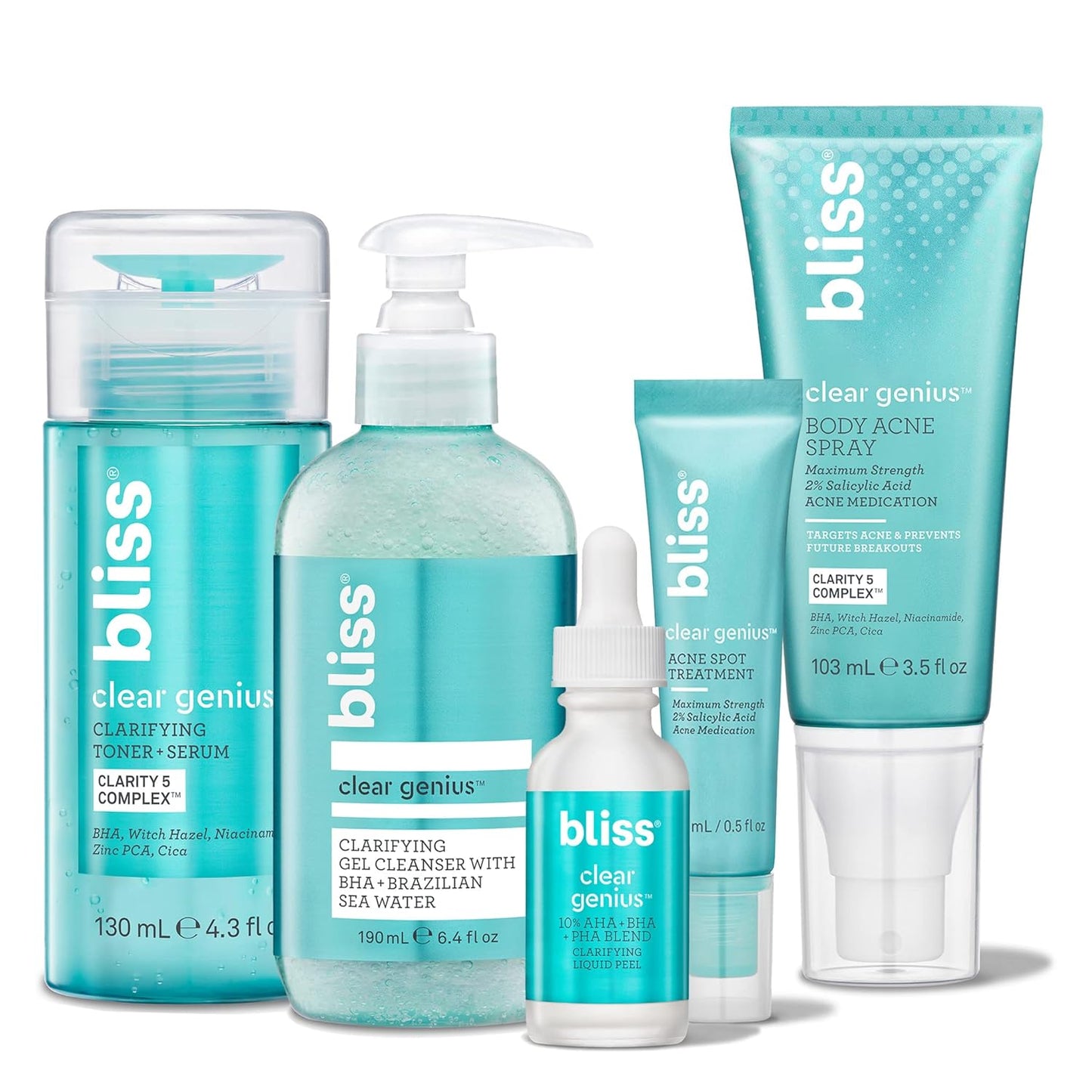Bliss Acne-Prone Skin Bundle - Clear Genius Toner, Body Spray, Spot Treatment BHA Salicylic Acid and Clarifying Peel & Cleanser