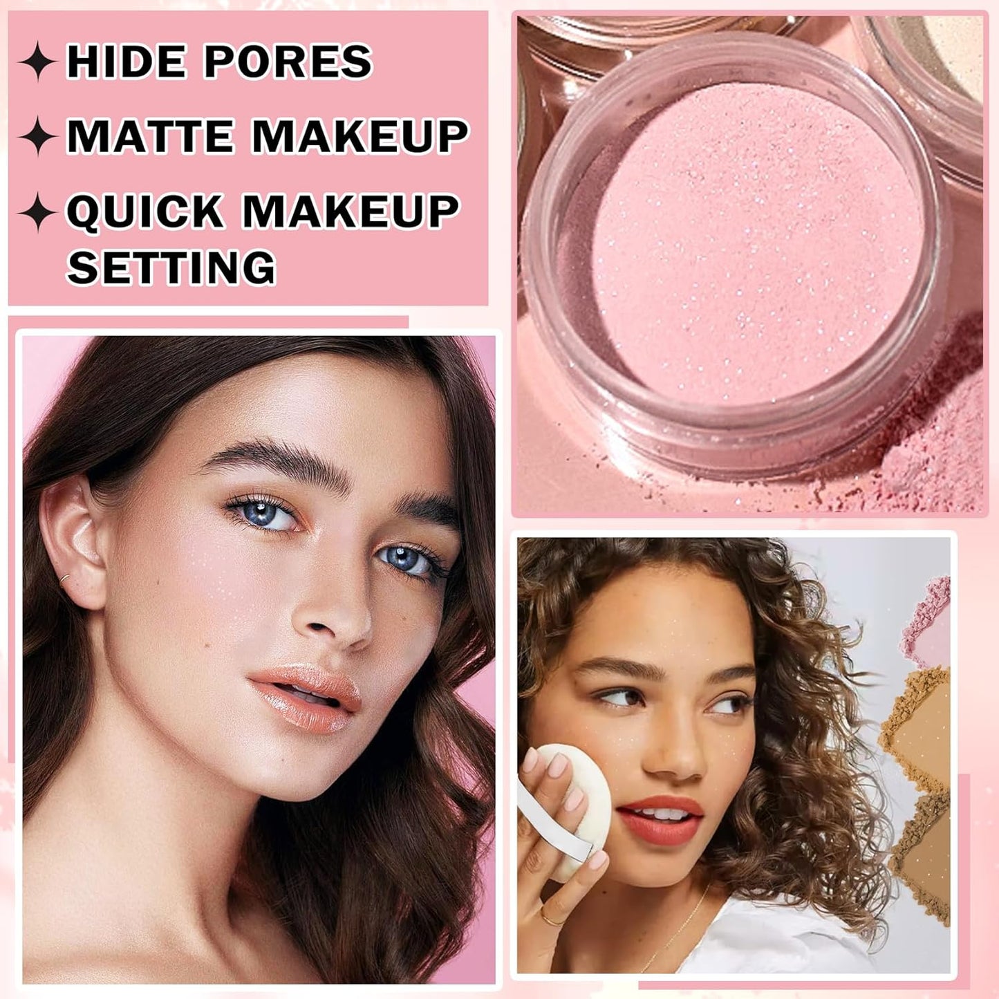 Pink Setting Powder Loose Powder Shimmer Finishing Powder Ultimate Blurring Setting Powder Long Lasting Oil Control Loose Face Powder for All Skin Tones-02 Pink