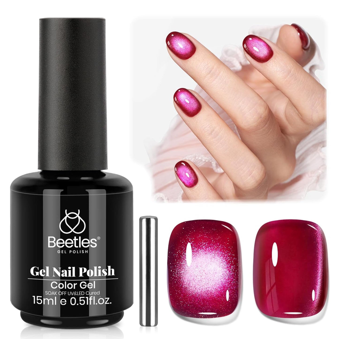Beetles Red Cat Eye Gel Nail Polish - 15ML Cherry Red Glass Cat Eye Magnetic Glitter Gel Polish with Pink Powder Sheer Gel Soak Off UV Cherry Shimmer Collection Nail Art Design Manicure Gift for Women
