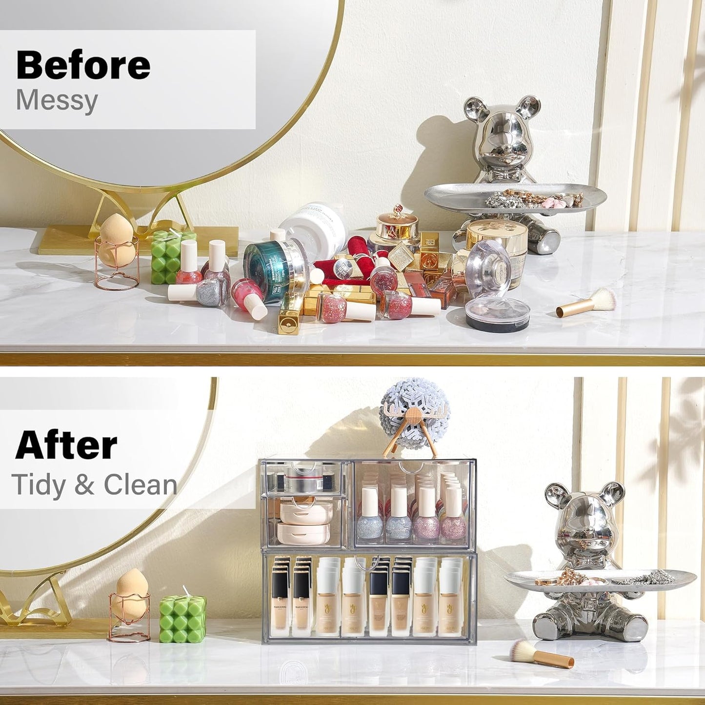 Prsildan Acrylic Drawer Makeup Organizer with 4 Drawers, Set of 2 Office Desk Organizers Accessories, Clear Stackable Storage Drawers for Vanity, Countertop, Craft, Jewelry, Art Supply Organization