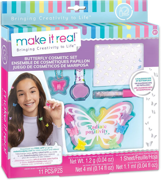 Make It Real: Butterfly Dreams Cosmetic Set - 11 Pieces, Tweens & Girls, Includes 6 Butterfly Hair Clips, Polish, Nail Stickers, 2 Lip Gloss & Instructions, Butterflies, Makeup & Beauty, Kids Ages 8+