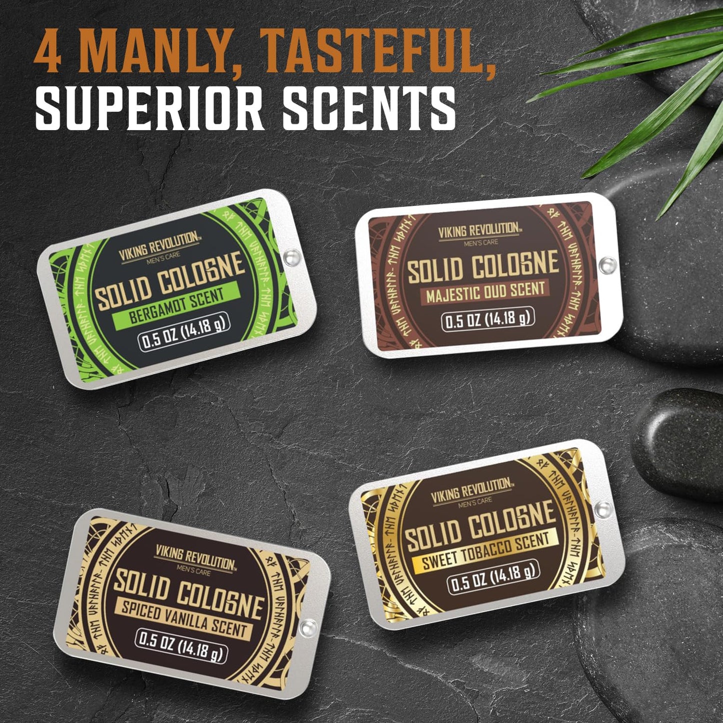 Viking Revolution 4 Pack Mens Colognes - 0.5 Oz Solid Perfume with Spiced Vanilla, Sweet Tobacco, Majestic Oud, Bergamot - Travel Wax Balm Cologne