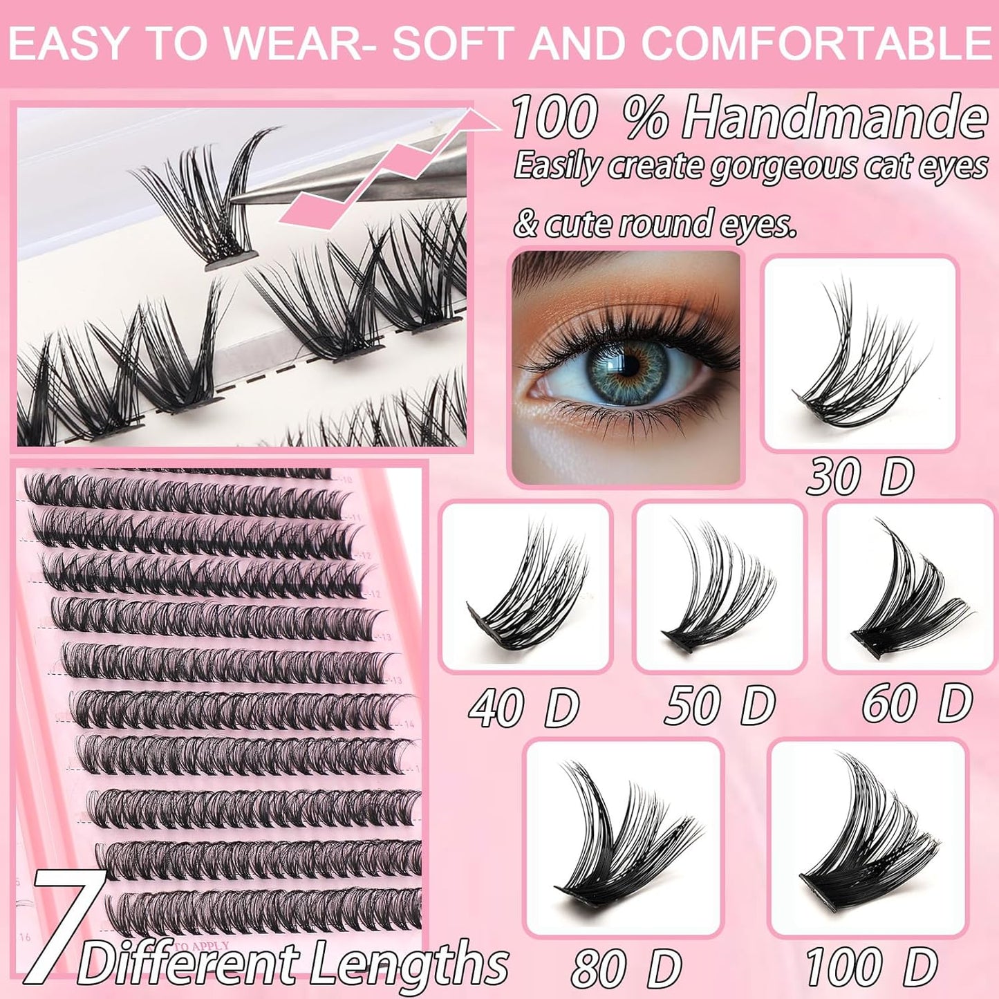 Lash Clusters Kit: Eyelash Clusters Individual Lash Extension Kit 480 Pcs D Curl Fluffy Wispy False Eyelashes Extensions Thin Band with Bond Seal Tweezers Brush (30D+40D Kit 9-16mm)
