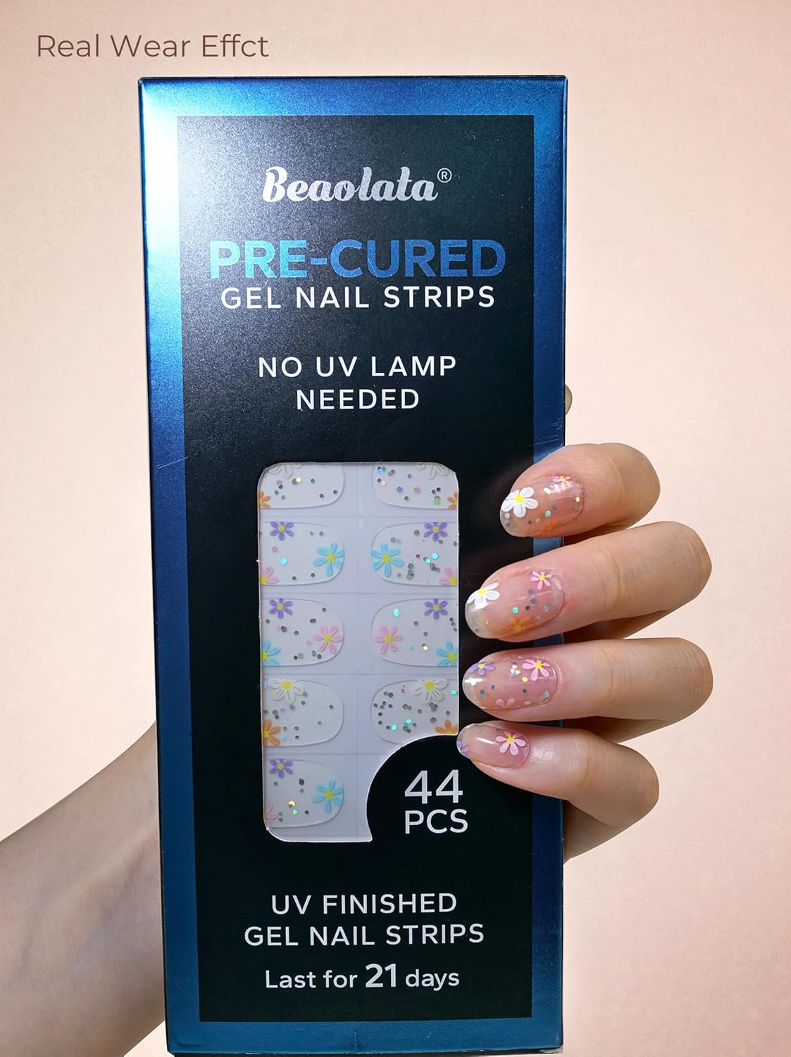 Pre Cured Gel Nail Strips - 44PCS Salon Quality Gel Nail Stickers - Long Lasting Polish Wraps for Women no UV Light Needed Easy Apply& Remove (Flower Sliver)