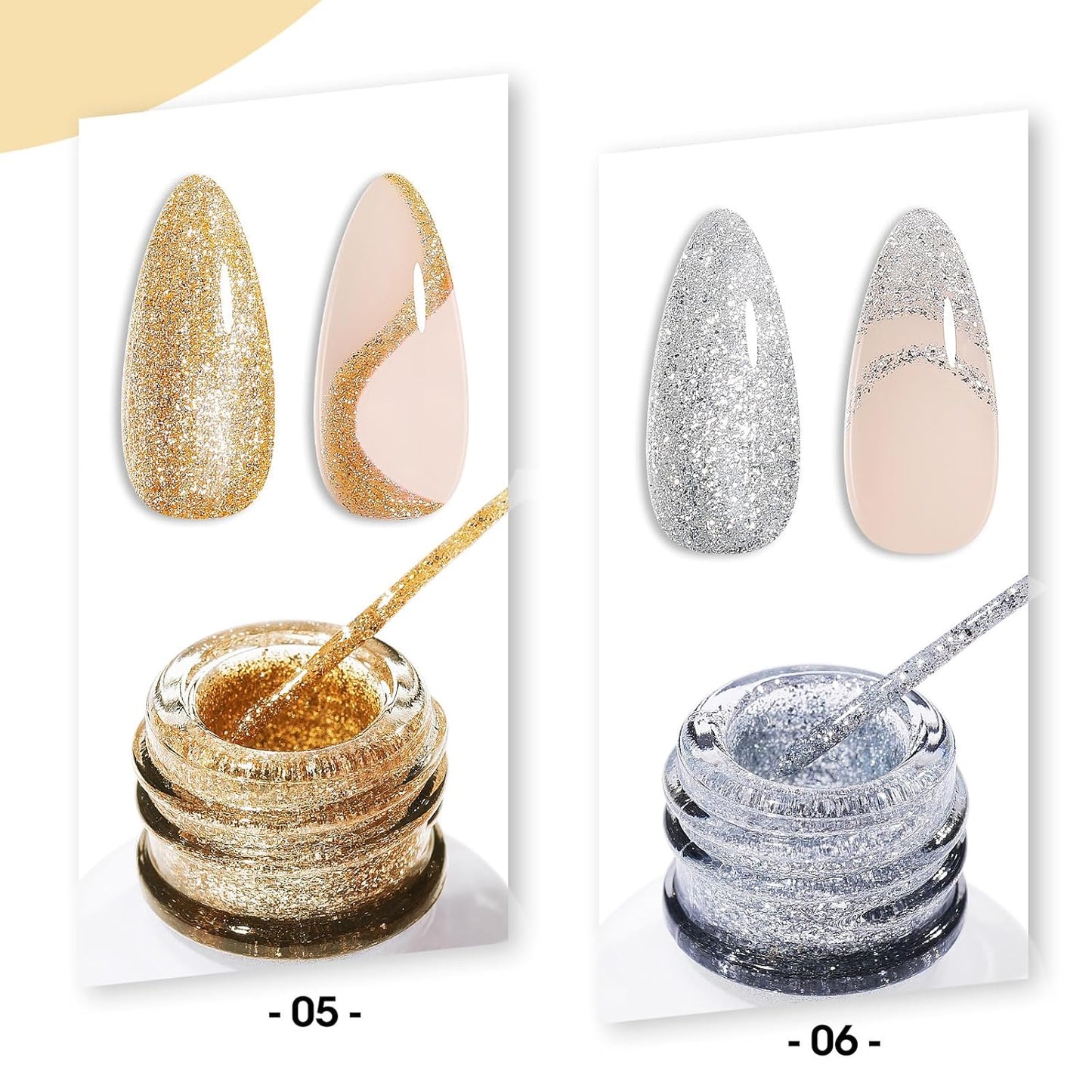 GELLEN Gold Silver Liner Gel Nail Polish, 2Pcs 10ml Soak off Uv Lamp Glitter Nail Art Polish Set with Built Thin Brush, Gel Art Paint for Sparkly Shiny Swirl Nails, Christmas Diy Gift for Women Girls