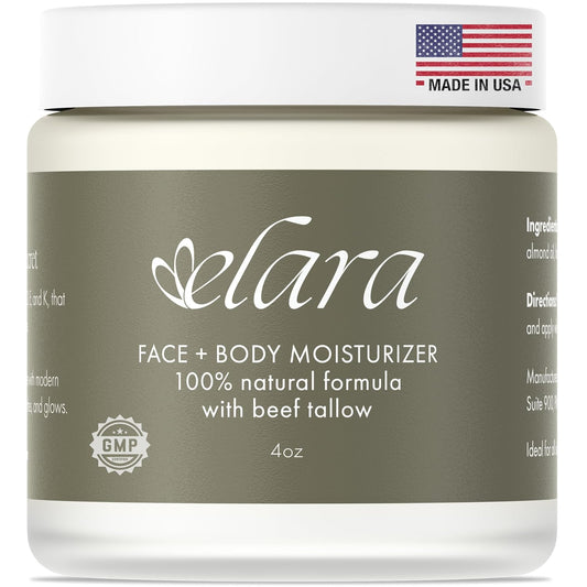 Elara Beef Tallow For Skin - Whipped Tallow Balm For Face And Body - 100% Grass-Fed Tallow Skin Balm With Marula And Sweet Almond Oil - 4 Fl. Oz. - Lavender