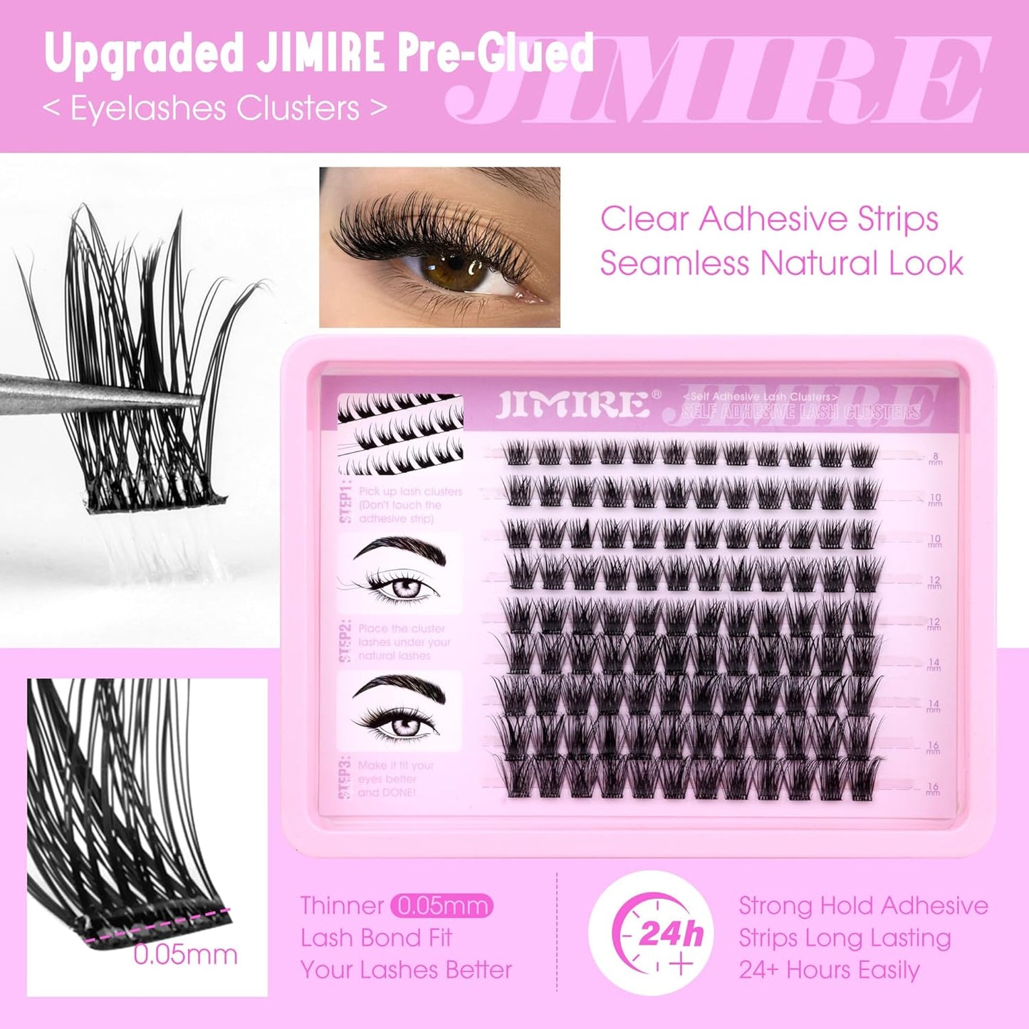 JIMIRE Self Adhesive Eyelashes Natural Wispy 8-16MM Pre Glued Lash Clusters No Glue Needed Press on Lashes Reusable Self Adhesive Lashes Classic Eyelash Clusters Easy to Apply