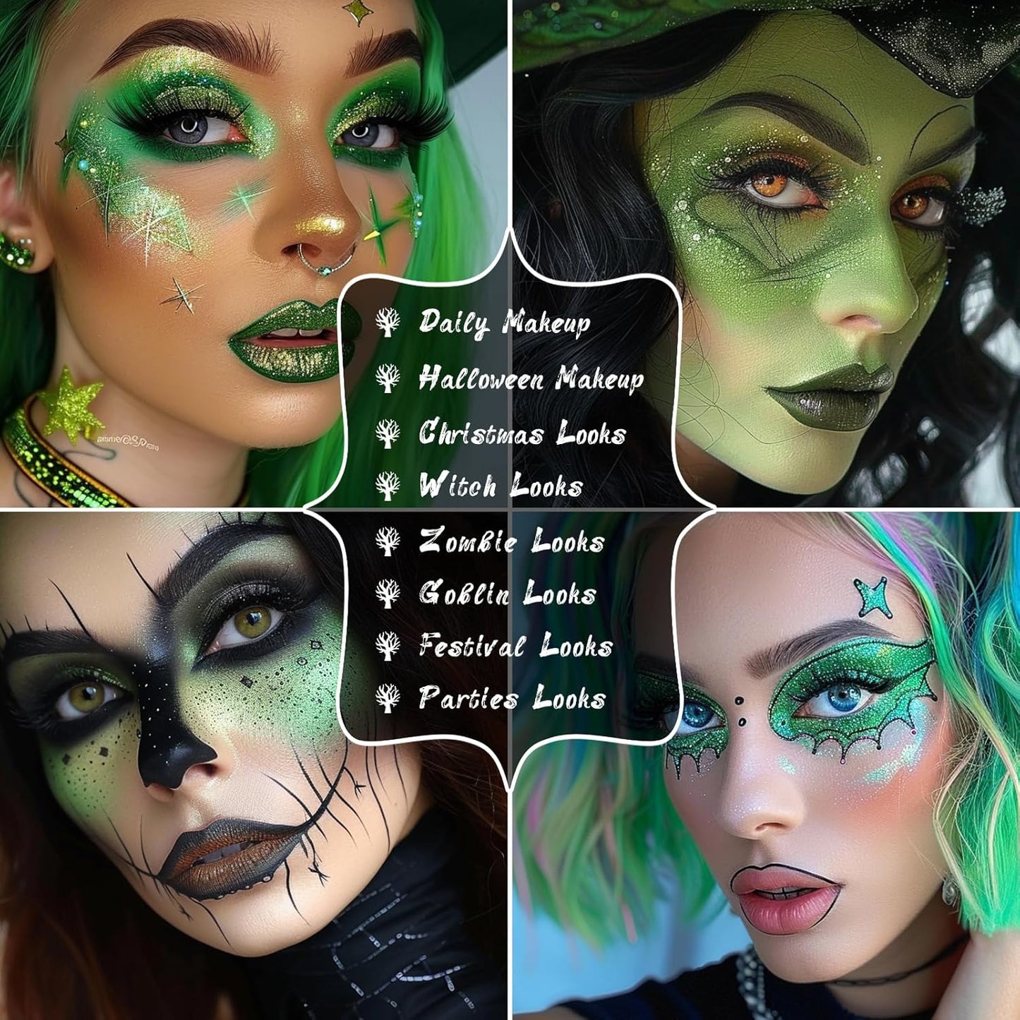 UCANBE Green Eyeshadow Makeup Palette, 15 Colors Bright Dark Green Shimmer Matte Metallic Glitter Eye Shadow, Forest Emerald Lime Pallet Kit for Cosplay Parties Christmas Halloween SFX