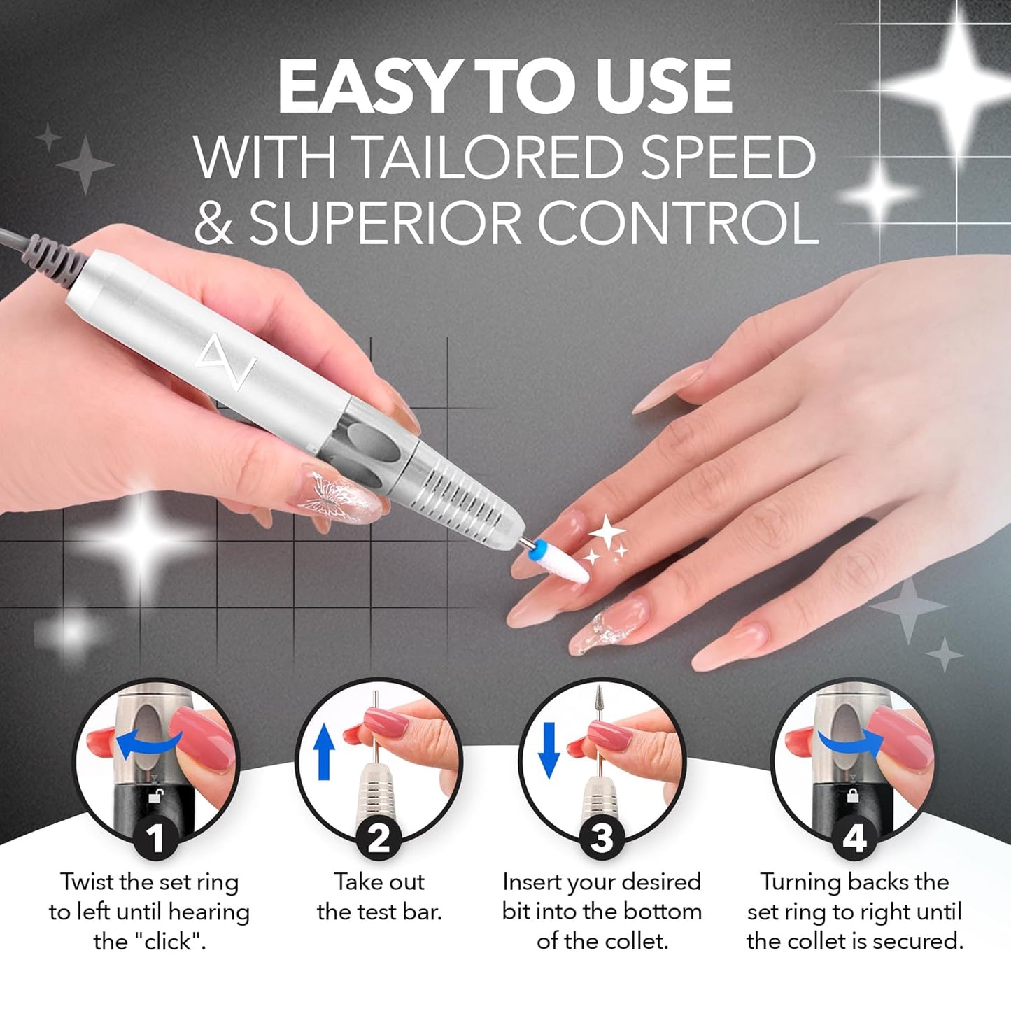M Max - Nail Drill Professional - 2-in-1 Brushless Motor Nails Drill Machine - Electric, Cordless, Aluminium Alloy Casing, 35000 RPM, HD Display - Perfect for Salon & Home Use (White)
