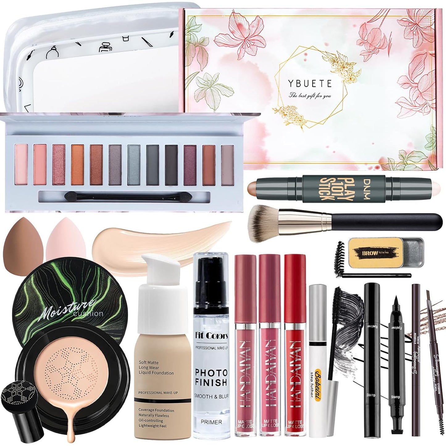 Makeup Kit Set for Women, Makeup Present for Women Teen Girl, Eyeshadow Foundation CC Cream Face Primer, Makeup Brush Sponge, Lipstick, Eyebrow Soap Pencil Mascara Eyeliner Cosmetic bag