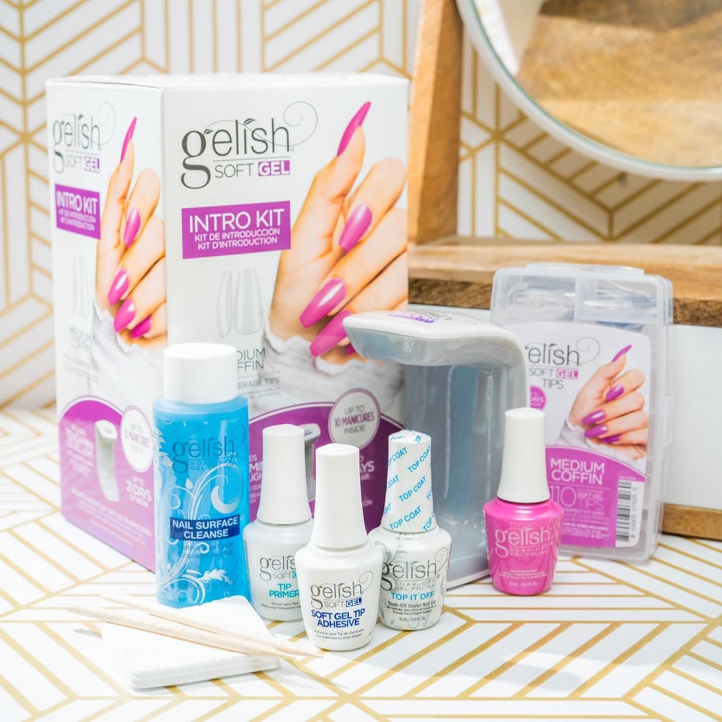 Gelish Soft Gel™ Intro Starter Kit – Full Coverage Press On Tips, LED Nail Lamp, Long-Lasting, Fast Application, No Chip, At-Home Gel Nails, Easy to Use (Medium Coffin Kit)