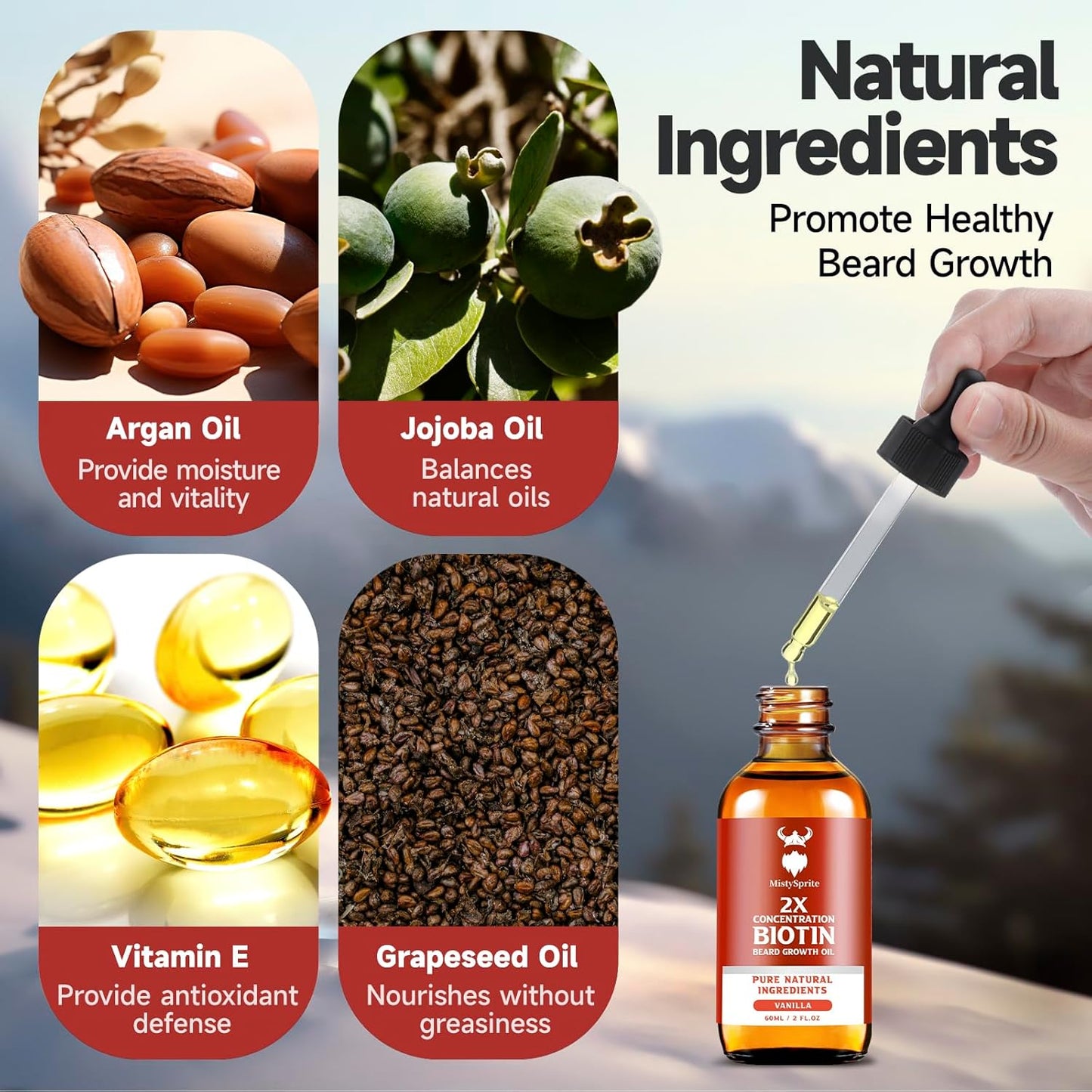 Beard Growth Oil - 2X Concentration Biotin for Men (2 oz) - Natural With Argan, Jojoba and Vitamin, Growth Softener, Moisturizer (Vanilla)