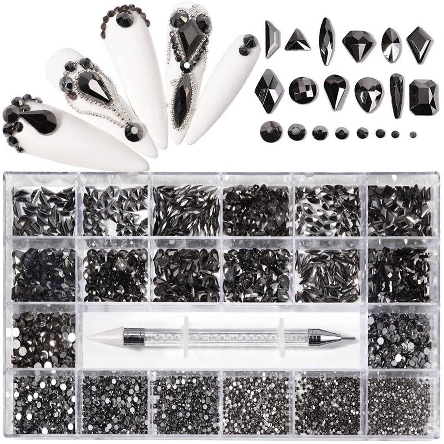 Nail Rhinestones Kit, Nail Art Decorations with Wax Pencil Flat AB Rhinestones Kit DIY Crafts Gemstones for Nail, Shoes, Clothes, Jewels (600 Black Diamonds + 2500 Flat Rhinestones)