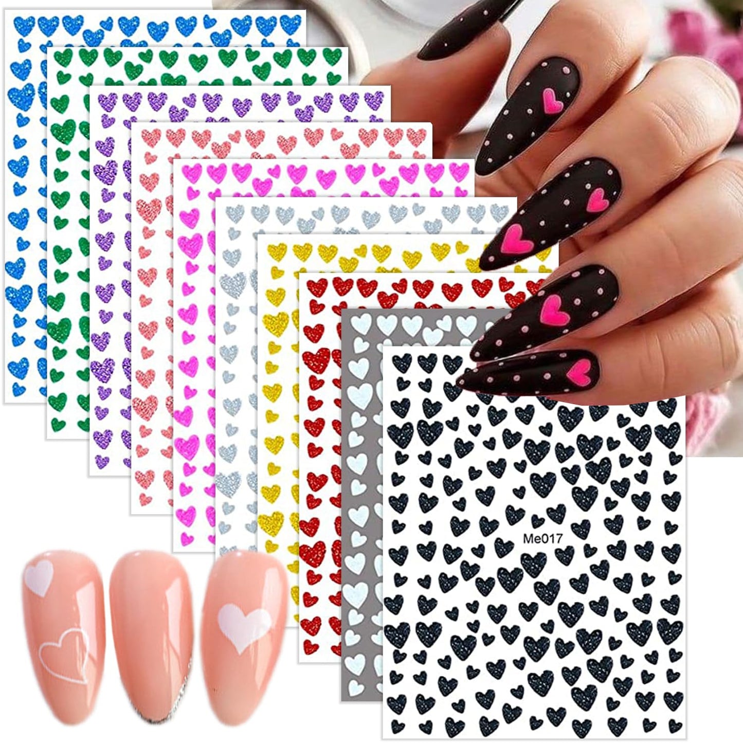 10 Sheets Heart Nail Stickers - 3D Self-Adhesive Valentine's Day Nail Art Stickers - Shiny Love Heart Nail Decals - Gold, Silver, Black