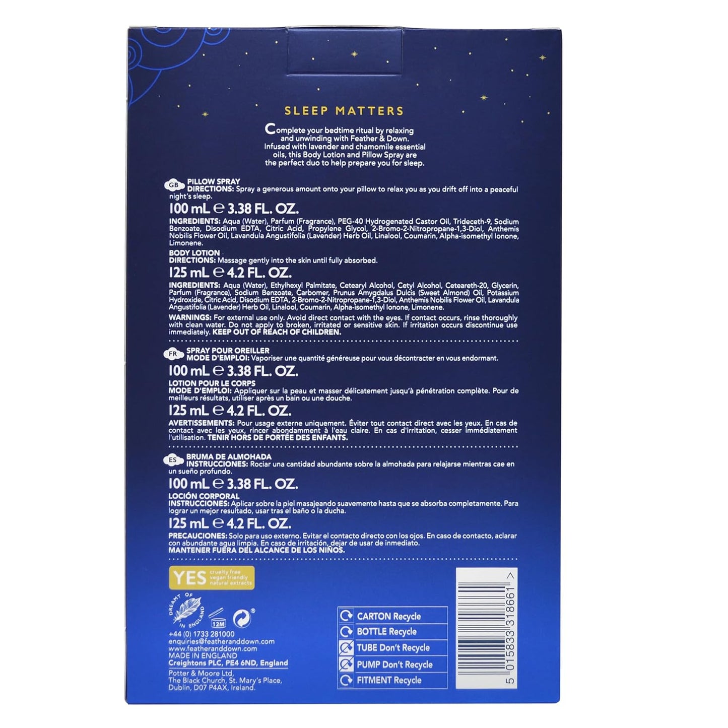 Feather & Down Sweet Dream Relax and Unwind Gift Set (100ml Pillow Spray & 125ml Body Lotion) - With Calming Lavender & Chamomile Essential Oils