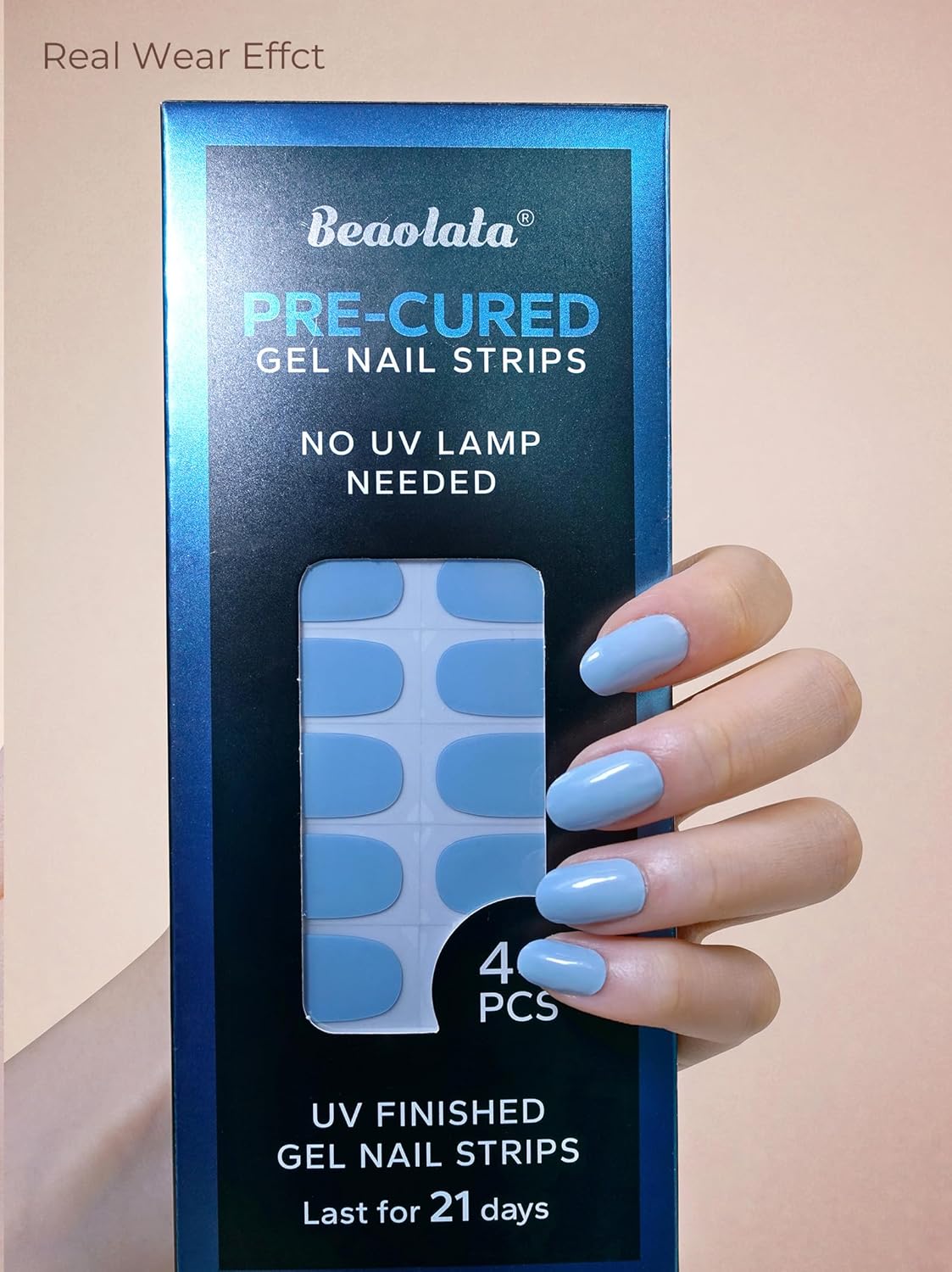 Pre Cured Gel Nail Strips - 44PCS Salon Quality Gel Nail Stickers - Long Lasting Polish Wraps for Women no UV Light Needed Easy Apply& Remove (Lily Blue)