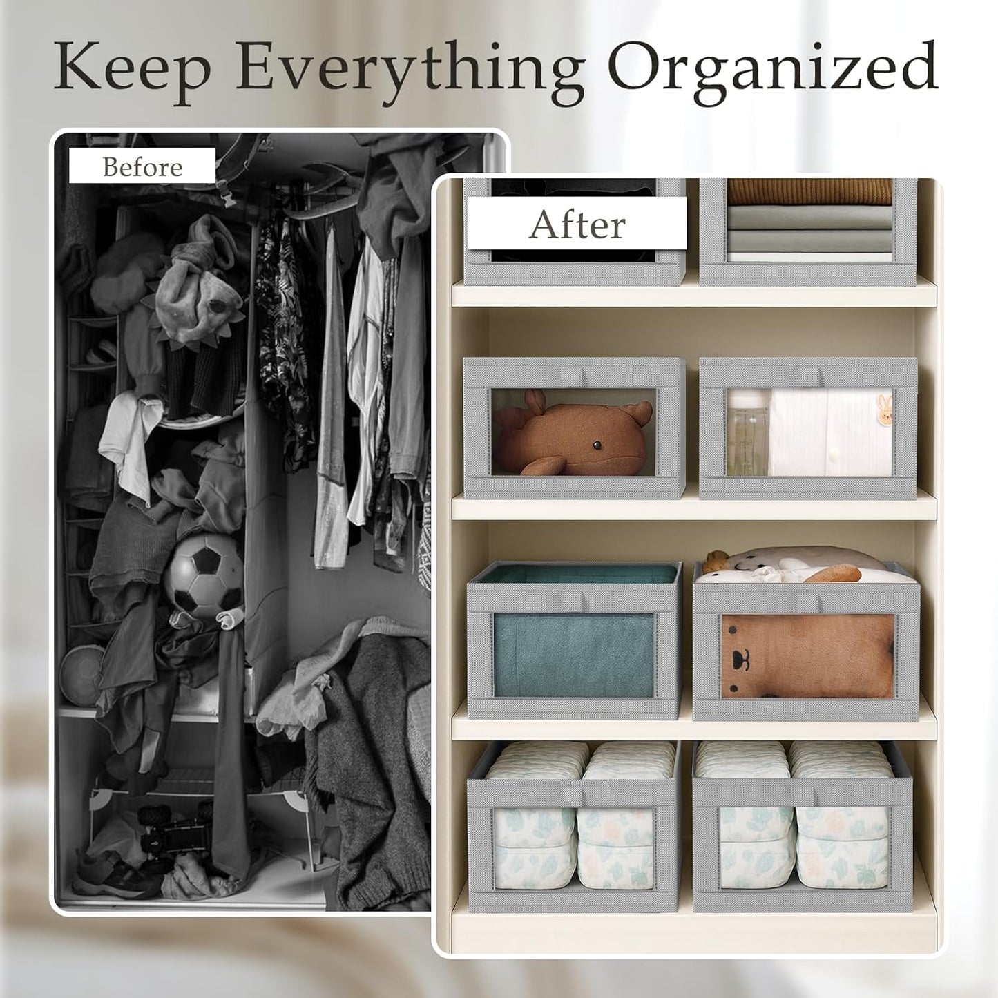 Criusia 8 Pack Linen Closet Organizers and Storage, Large Linen Closet Baskets for Organization, Foldable Storage Containers for Toys, Clothing, Towels, Jeans, Books, Shelves, Grey