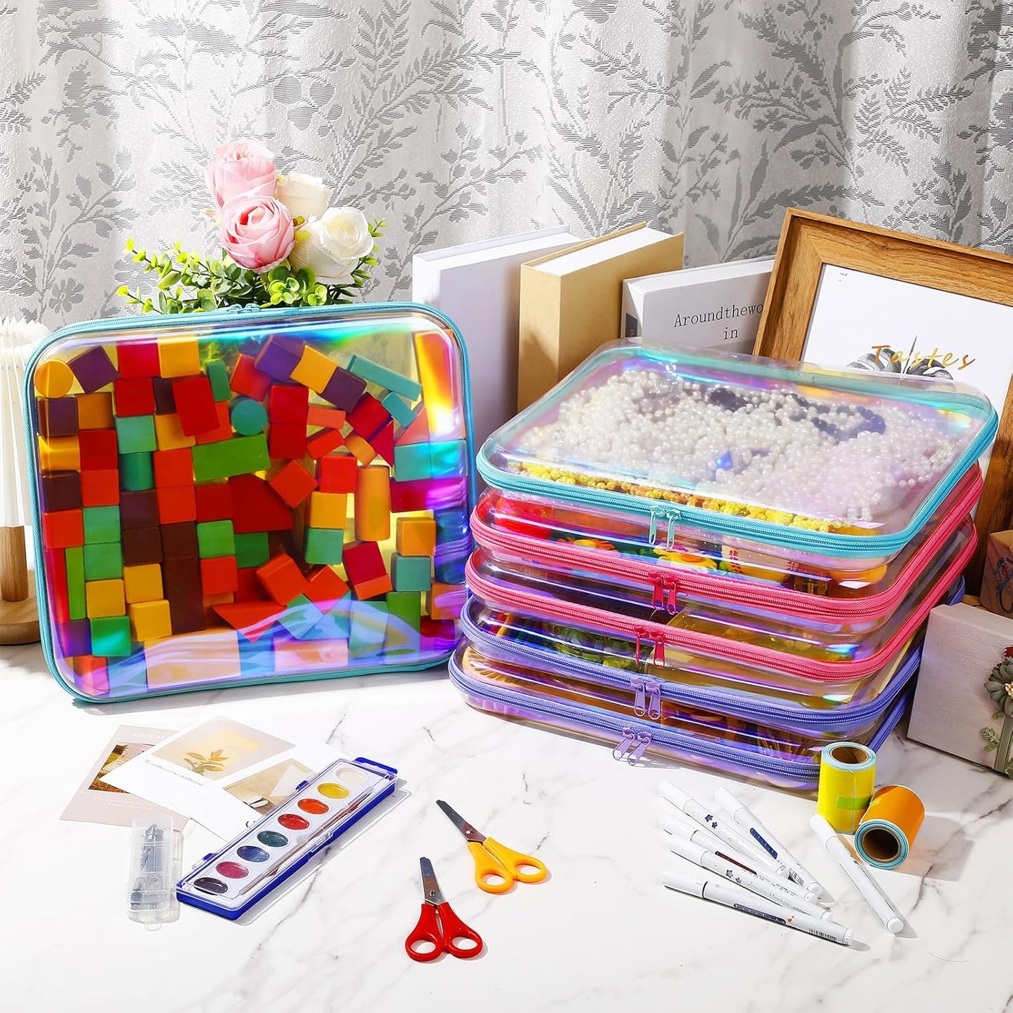 Sanwuta 6 Pcs Clear Hard Zipper Case Pencil Pouches Hard Plastic Zipper Pouches Makeup Bag Transparent Cases for Snacks Plastic Storage Organizer Box for Travel(Holographic,13.78 x 11.81 x 2 Inch)