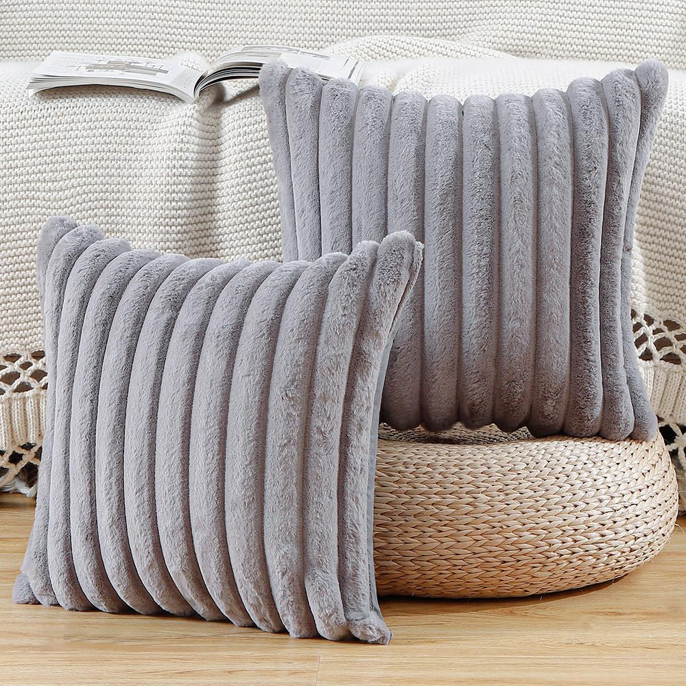 MADIZZ Set of 2 Faux Wool Plush Decorative Throw Pillow Covers 18x18 Inch Grey Fluffy Striped Soft Decorative Cushion Cover for Sofa Bedroom Pillow Shell