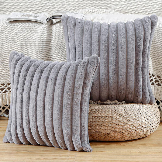 MADIZZ Set of 2 Faux Wool Plush Decorative Throw Pillow Covers 24x24 Inch Grey Fluffy Striped Soft Decorative Cushion Cover for Sofa Bedroom Pillow Shell