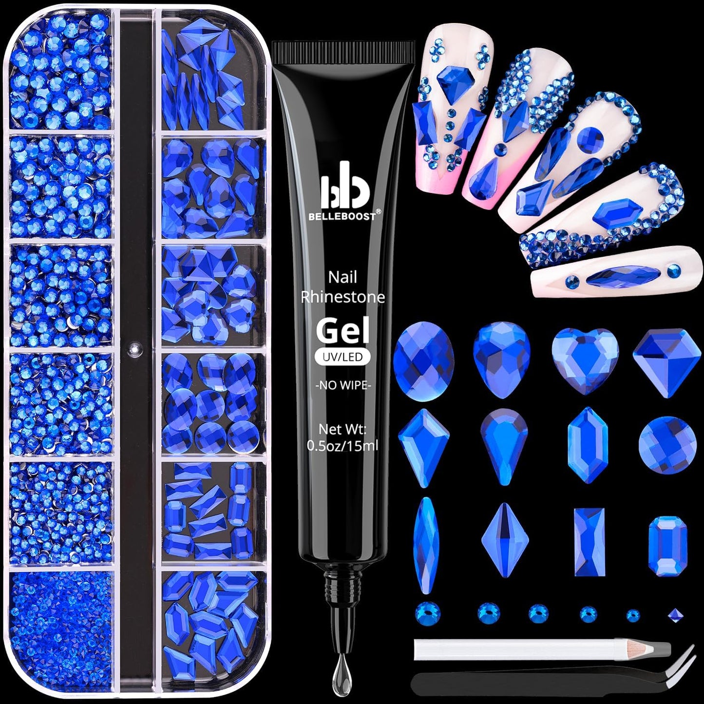 Royal Blue Glass Nail Rhinestones - 2060 Pcs Multi Shapes + 2000 Pcs Round Crystal with Glue Gel for Nail Art