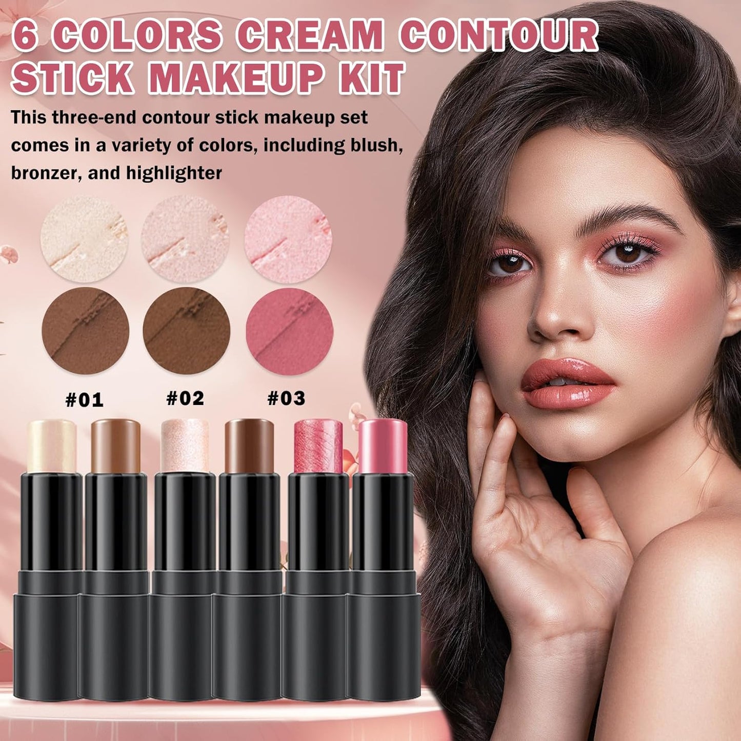 CAHIUYOA 6 Colors Cream Contour Stick Makeup Kit,Highlighter Makeup Stick,Bronzer Contour Stick and Blush Stick for Cheeks,Long Lasting Waterproof Face Highlighter Makeup Contour Kit (Set A)
