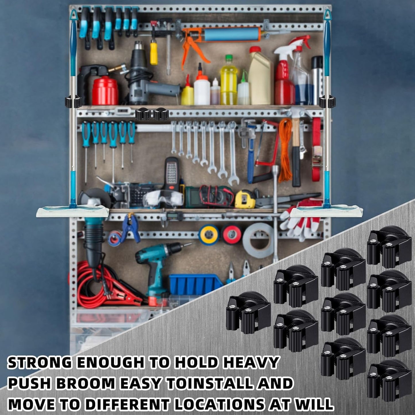 10 Pcs Magnetic Mop Broom Holder Movable Magnetic Broom Holder Rack, Anti Slip Wall Mounted Utility for Cleaning Tools, Garage, Kitchen, Laundry, Garden (Black)