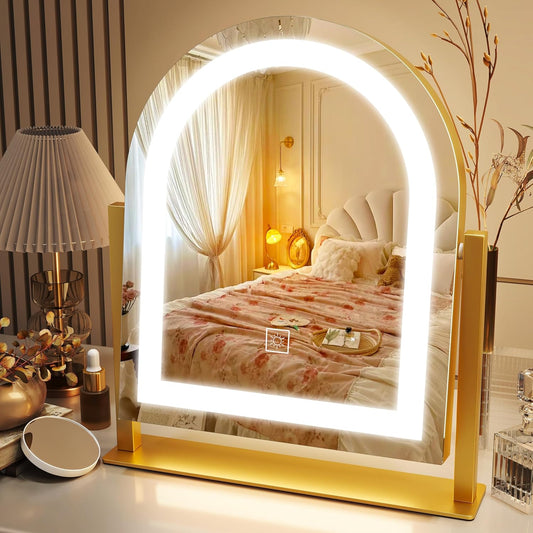 Lighted Makeup Mirror with 3-Color Dimmable Lighting, with Removable 10x Magnifier, Smart Touch Control, 360° Rotation, 15" x 13" Hollywood Vanity Mirror for Tabletop Desk (Gold)